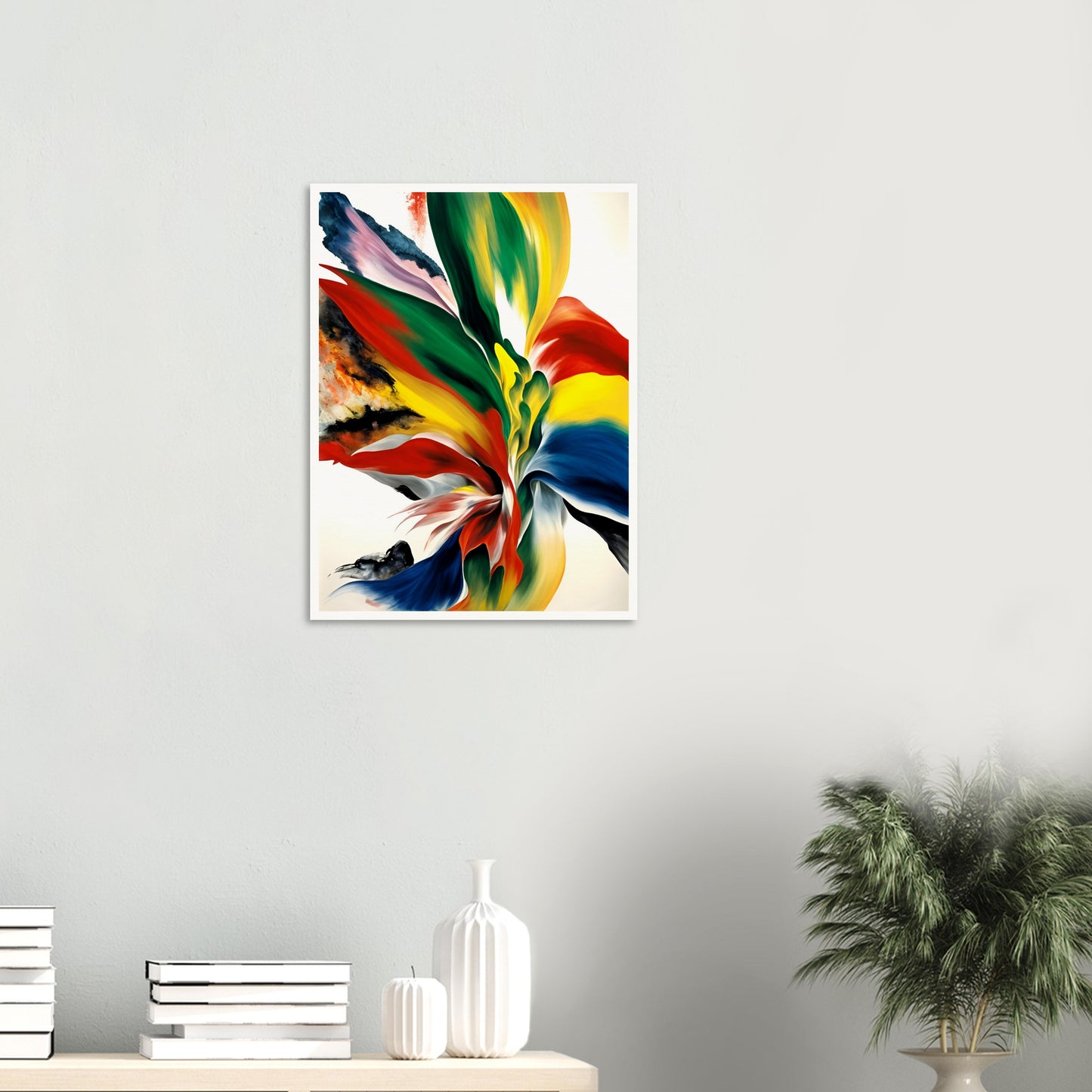 A dynamic explosion of vivid reds, yellows, blues, and greens blending in fluid motion, resembling an ethereal floral bloom or flame.
