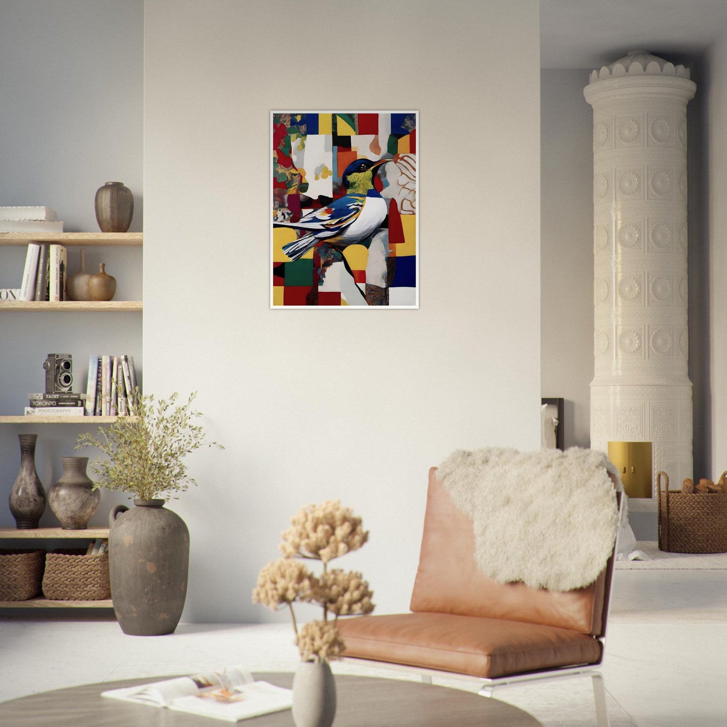 A colorful painting of a bird with intricate blue, yellow, and white feathers perched on a branch, set against a patchwork background of bold geometric shapes and vibrant hues.