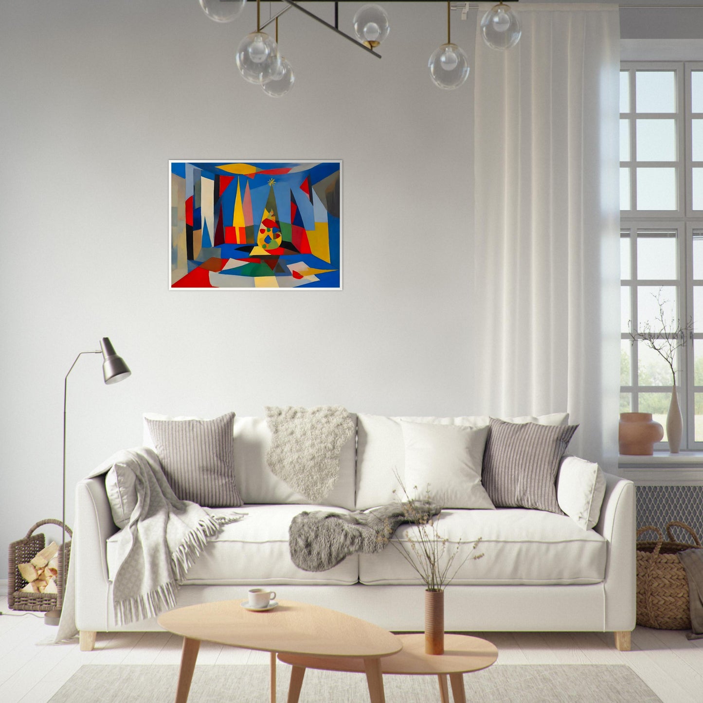 An abstract composition featuring geometric shapes and vibrant colors framing a stylized Christmas tree, creating a modern holiday scene.