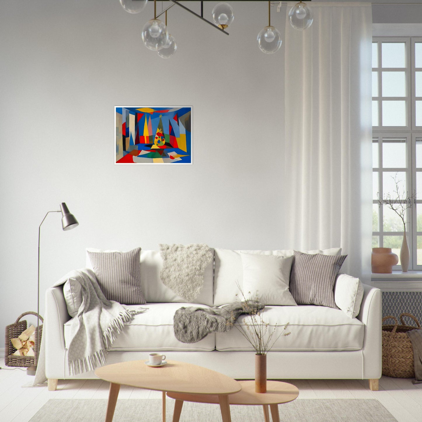 An abstract composition featuring geometric shapes and vibrant colors framing a stylized Christmas tree, creating a modern holiday scene.