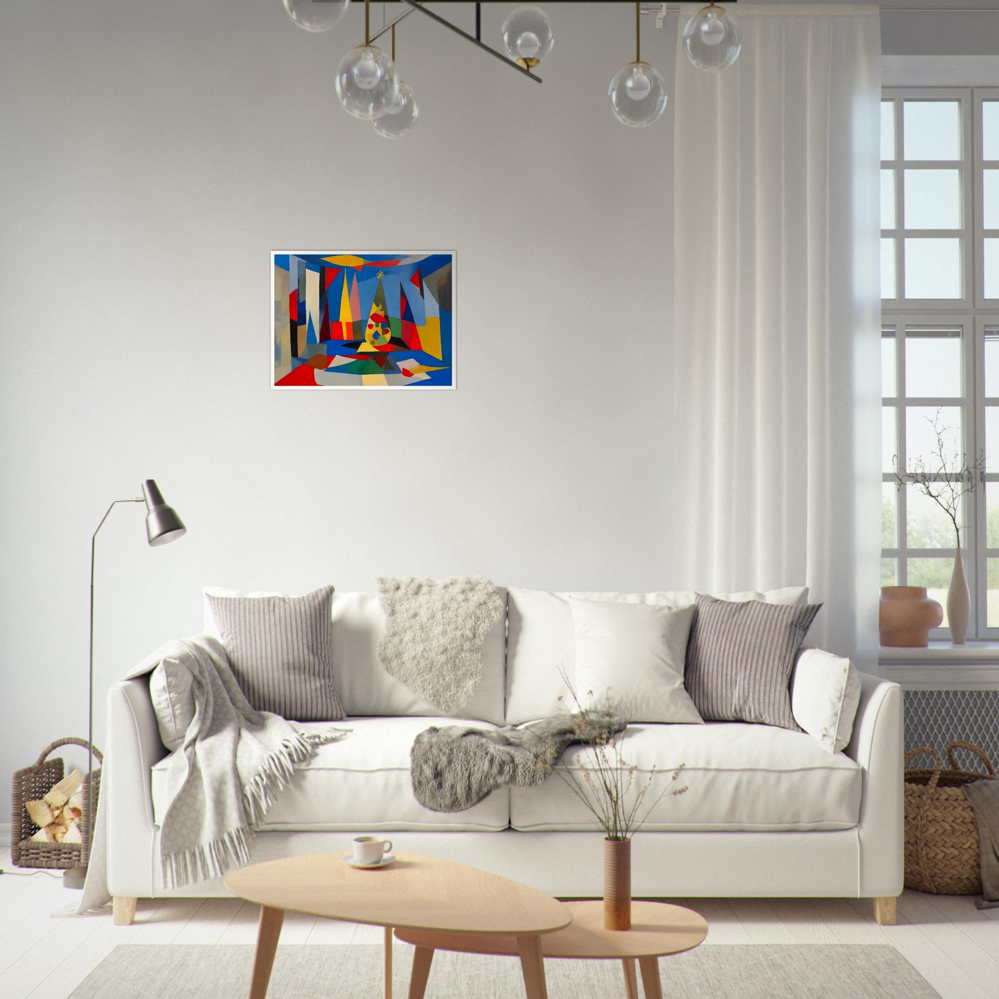 An abstract composition featuring geometric shapes and vibrant colors framing a stylized Christmas tree, creating a modern holiday scene.