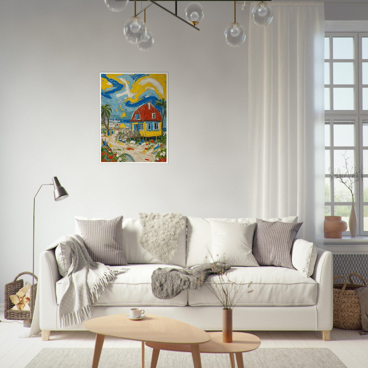 "A vibrant painting of a beach house with a red roof and blue-yellow walls, surrounded by palm trees, flowers, and a swirling colorful sky."