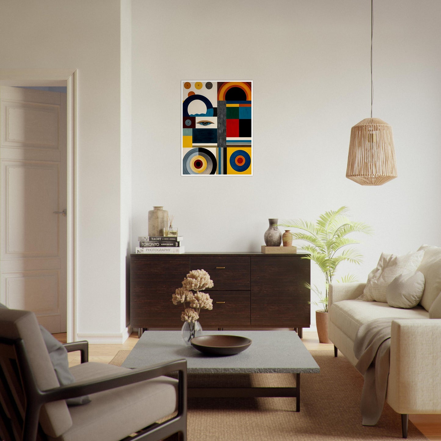 A bold geometric painting featuring an eye, circular and rectangular patterns, and a mix of deep blues, reds, yellows, and neutral tones.