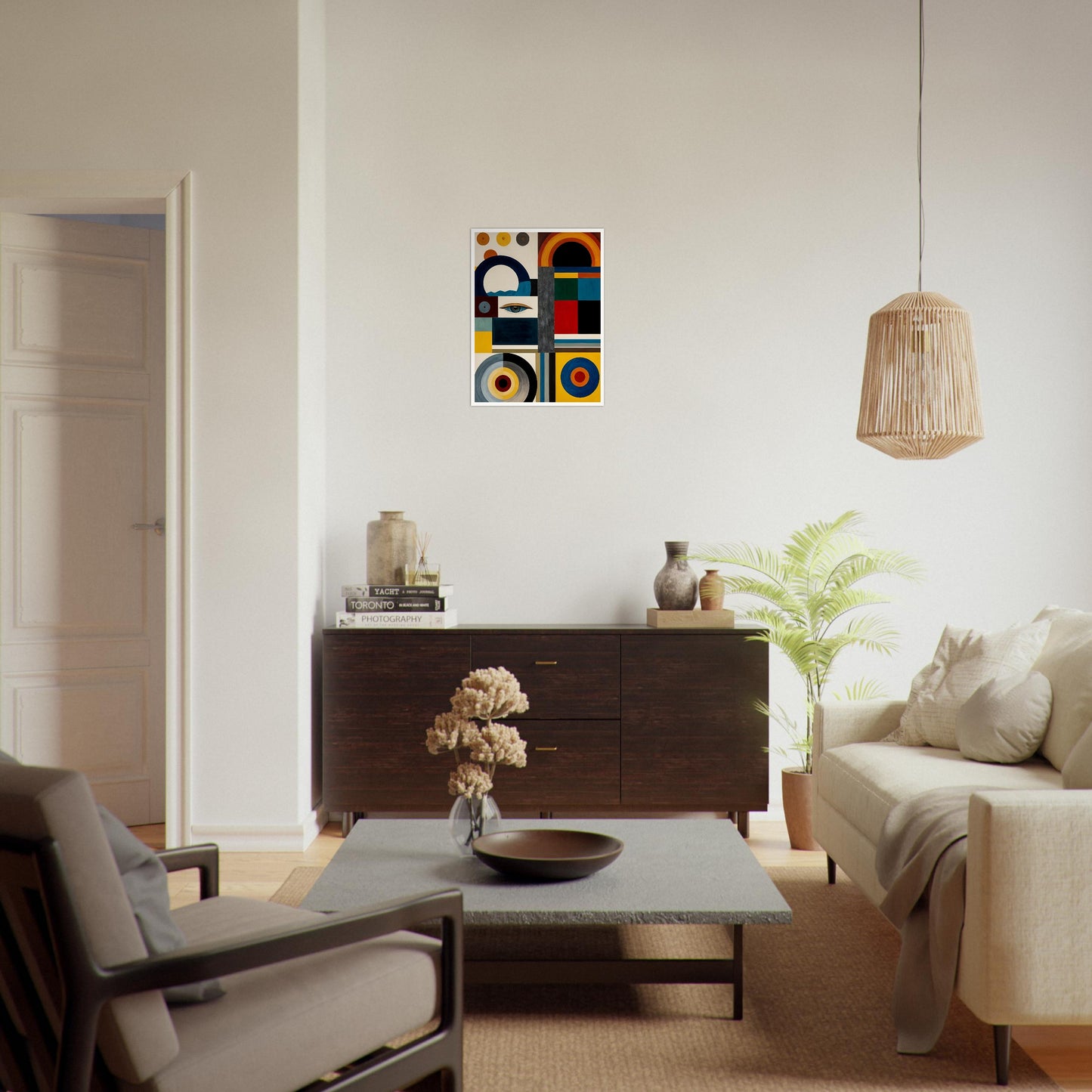 A bold geometric painting featuring an eye, circular and rectangular patterns, and a mix of deep blues, reds, yellows, and neutral tones.