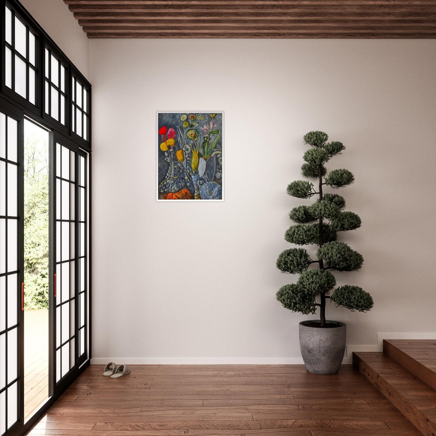 A surreal still-life composition of abstract flowers and plants in vibrant yellows, reds, and greens, set against a textured gray background.