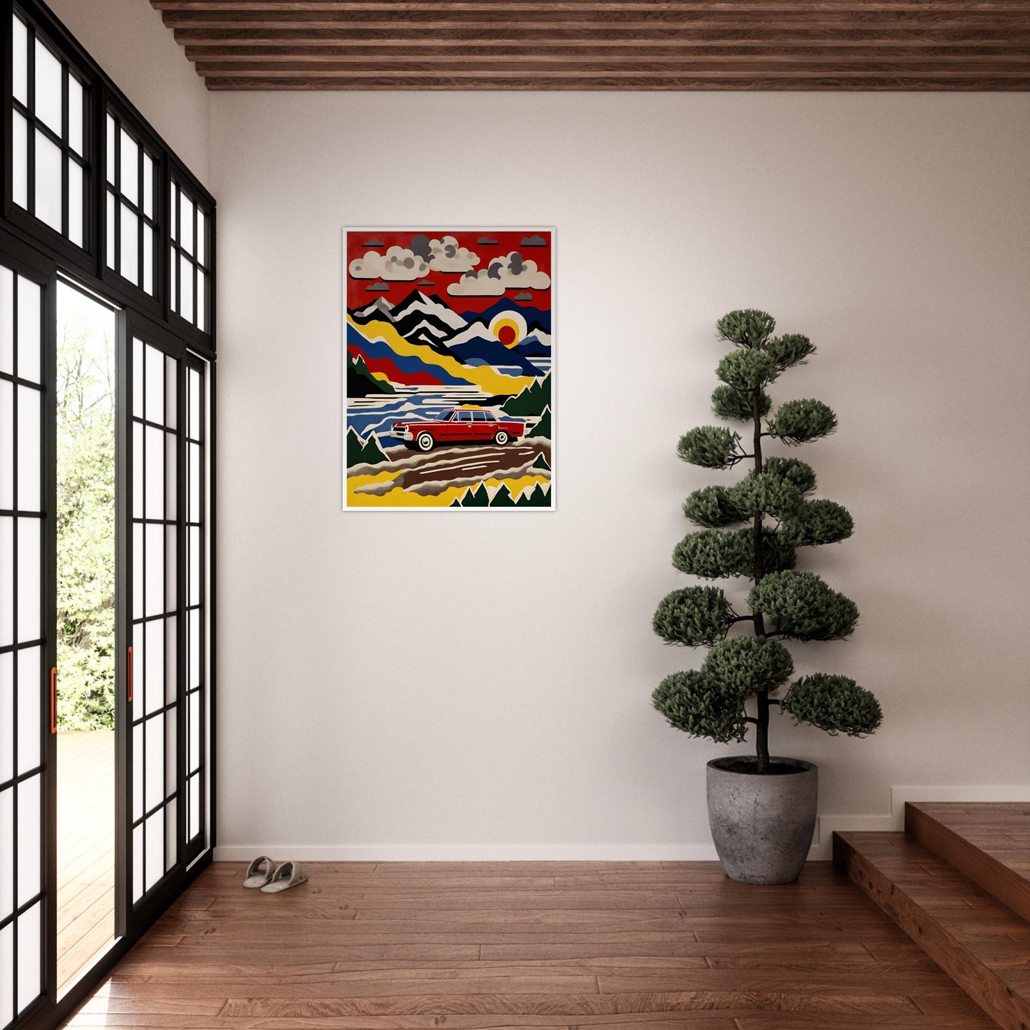A vibrant, stylized painting of a classic red car driving through a colorful mountain landscape under a bold red sky with clouds and a setting sun.