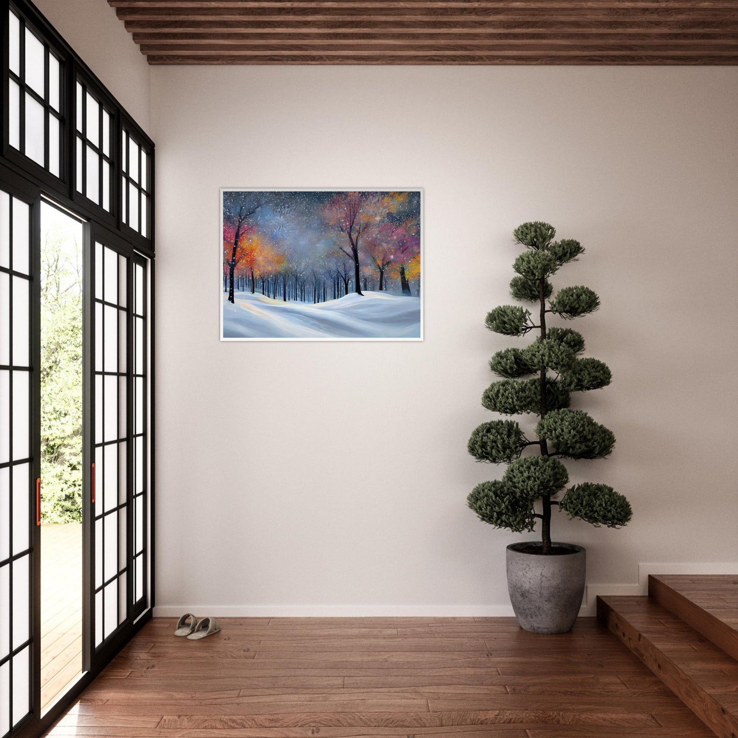 A magical winter forest with colorful, softly glowing trees covered in snow, surrounded by a serene snowfield under a shimmering twilight sky.