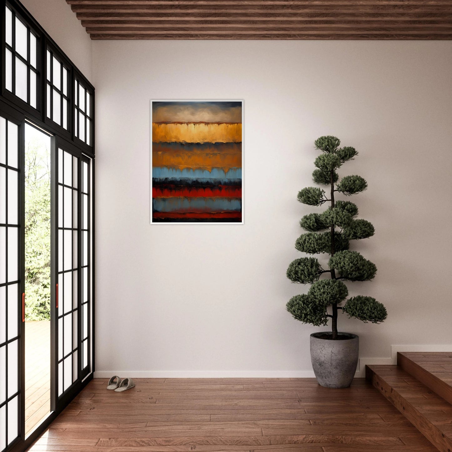 Rich bands of gold, rust, blue, and black flow like sediment layers in a moody, textured expression of earth and time.