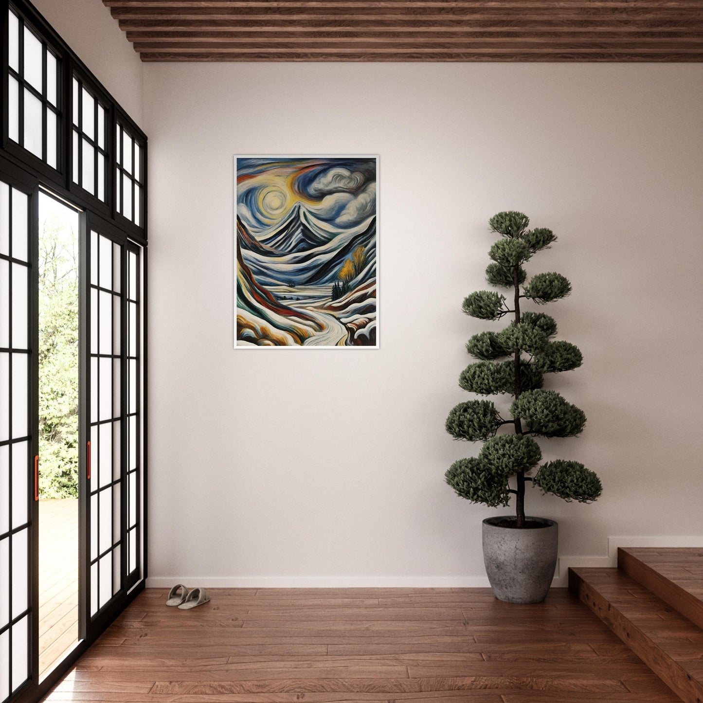 "A stunning depiction of snow-covered mountains beneath swirling clouds and a glowing sun, with a winding path leading into the scene."
