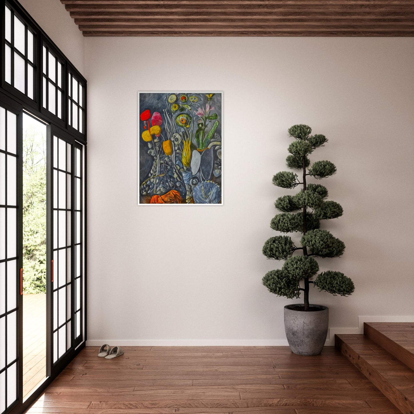 A surreal still-life composition of abstract flowers and plants in vibrant yellows, reds, and greens, set against a textured gray background.