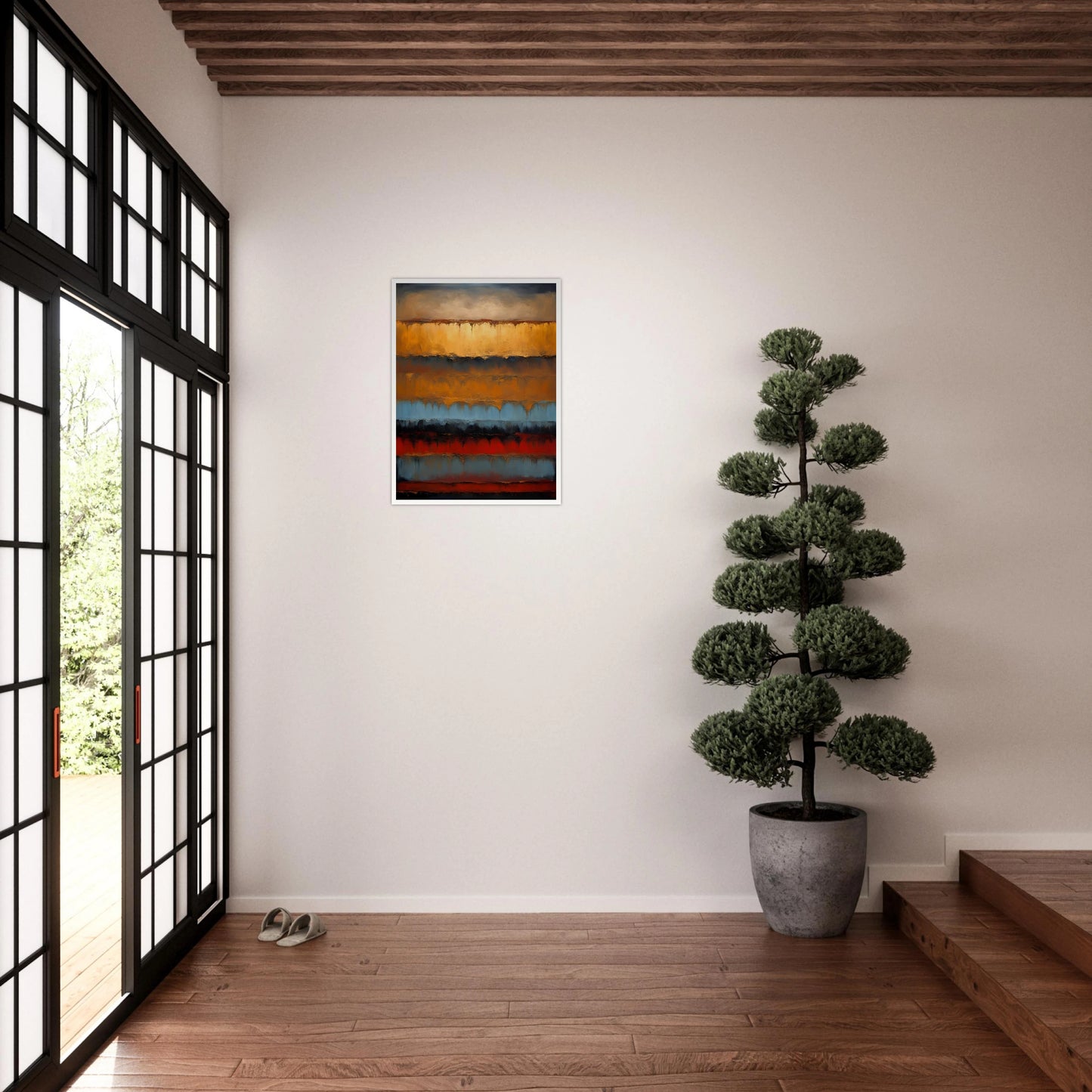 Rich bands of gold, rust, blue, and black flow like sediment layers in a moody, textured expression of earth and time.
