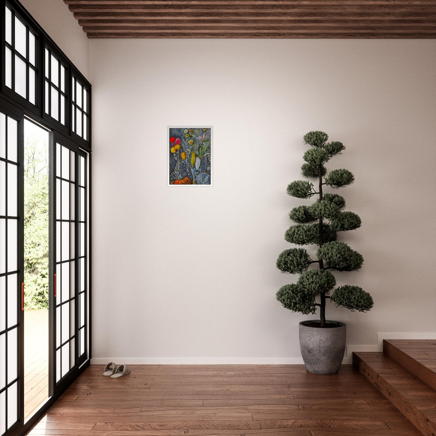 A surreal still-life composition of abstract flowers and plants in vibrant yellows, reds, and greens, set against a textured gray background.