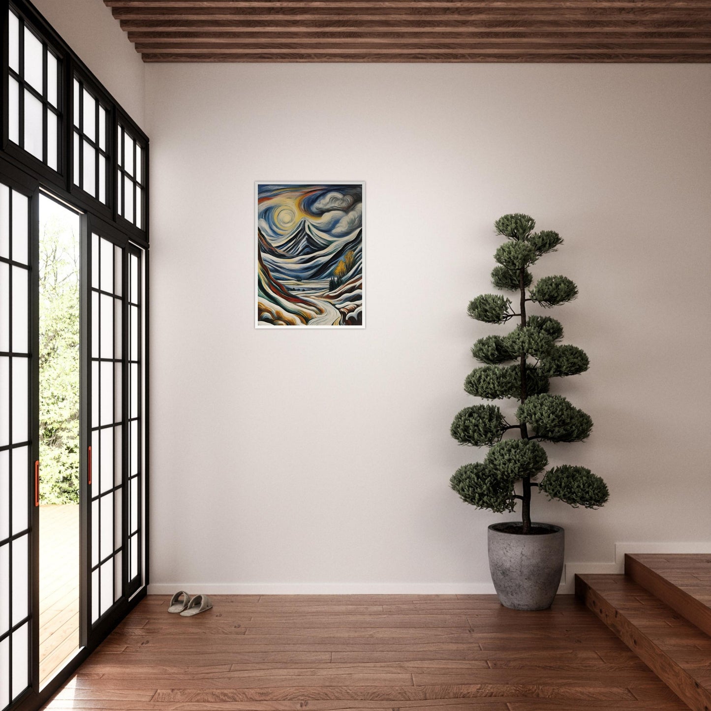 "A stunning depiction of snow-covered mountains beneath swirling clouds and a glowing sun, with a winding path leading into the scene."