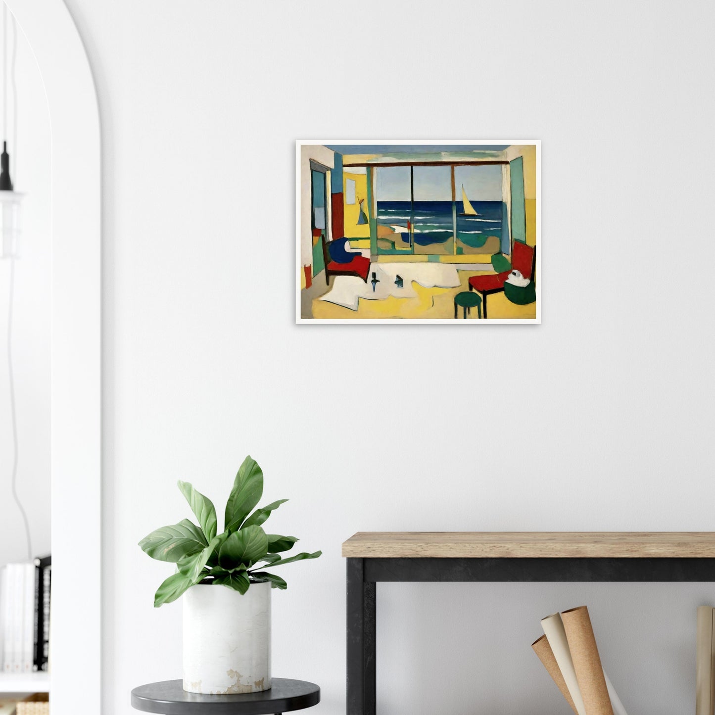 A vibrant painting of an interior room with a large window showcasing a view of the ocean, a sailboat on the water, and colorful furniture.