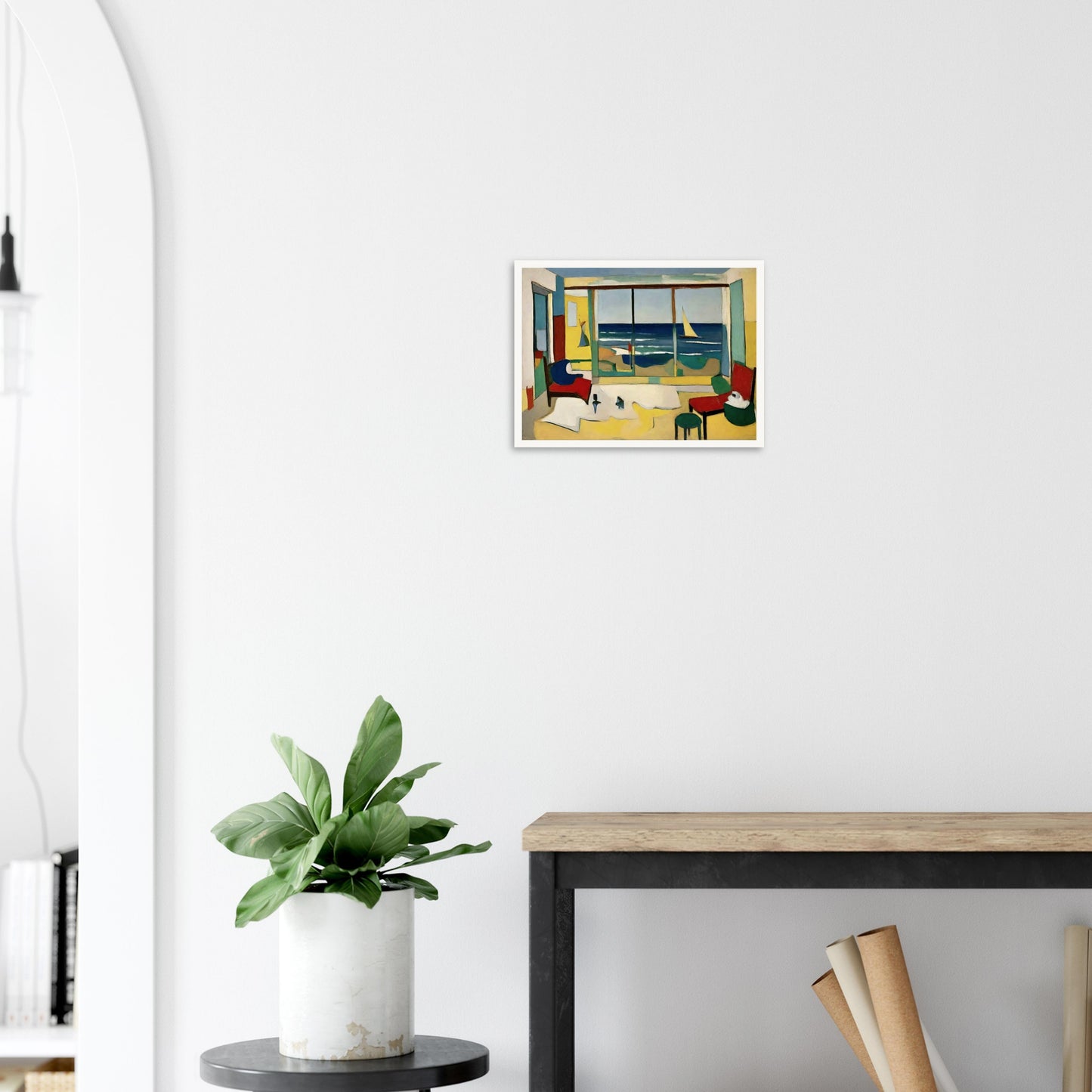 A vibrant painting of an interior room with a large window showcasing a view of the ocean, a sailboat on the water, and colorful furniture.