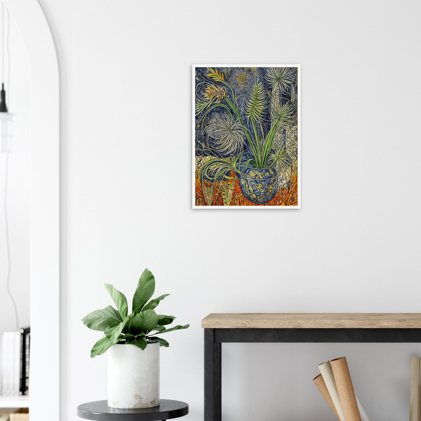 An intricate painting of lush green plants in a patterned blue vase, surrounded by detailed foliage and vibrant orange accents in the background.