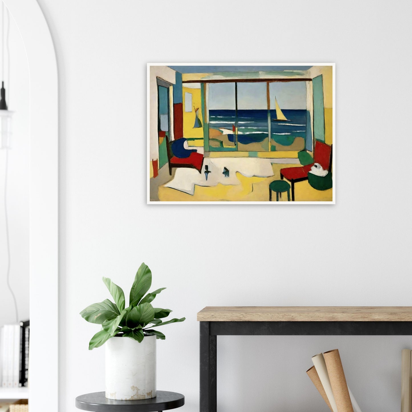 A vibrant painting of an interior room with a large window showcasing a view of the ocean, a sailboat on the water, and colorful furniture.