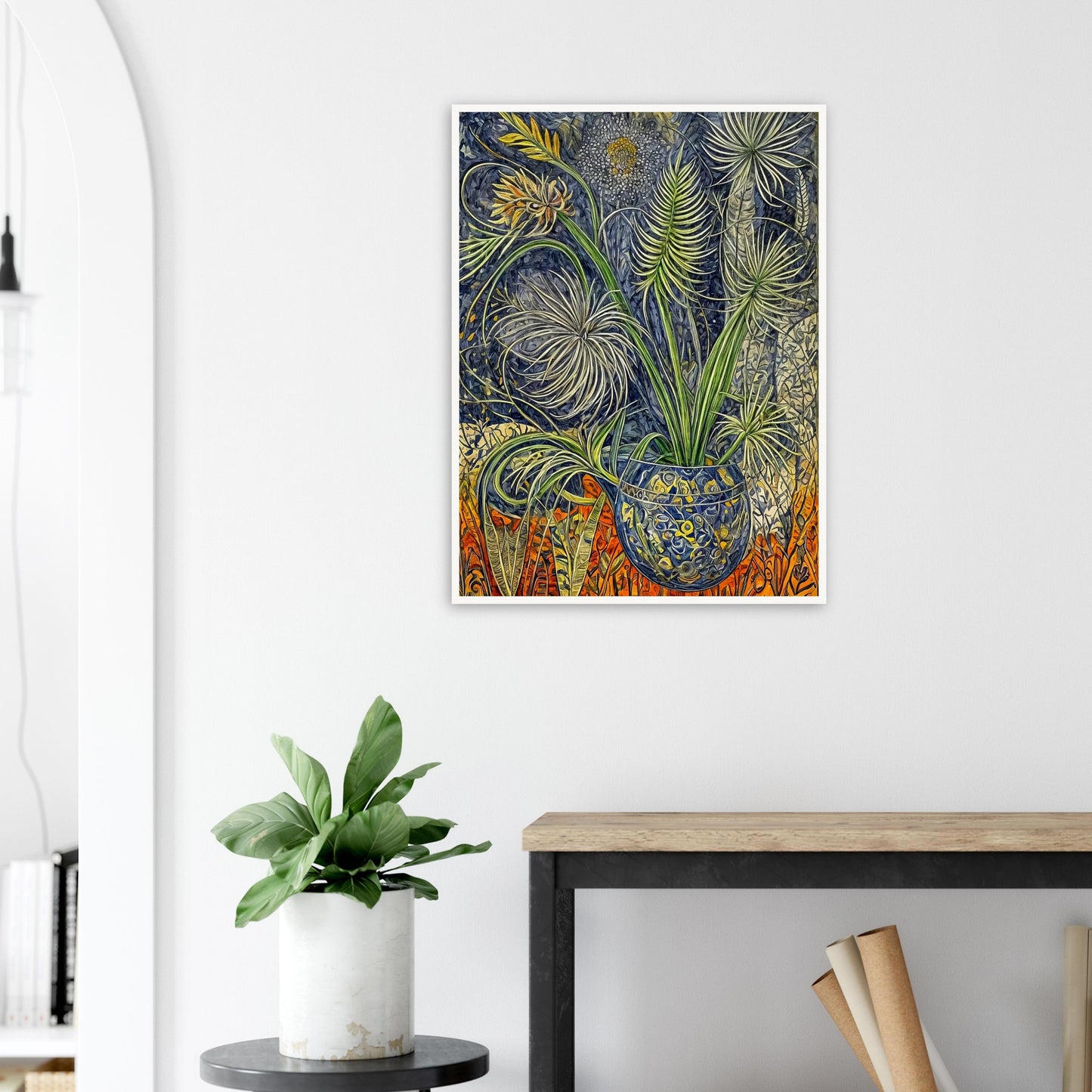 An intricate painting of lush green plants in a patterned blue vase, surrounded by detailed foliage and vibrant orange accents in the background.
