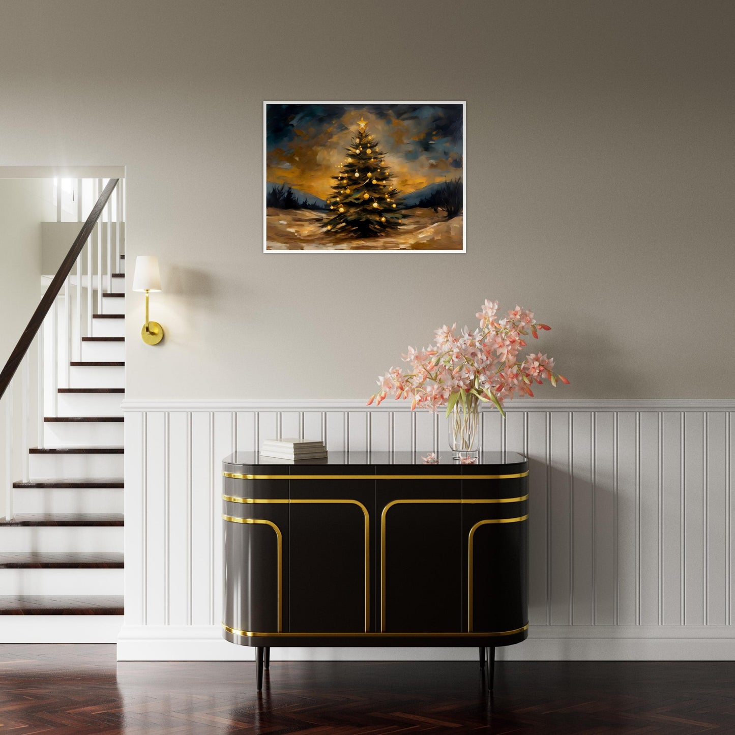 A glowing Christmas tree adorned with golden ornaments and a star topper, set against a dramatic evening sky and a snowy landscape.