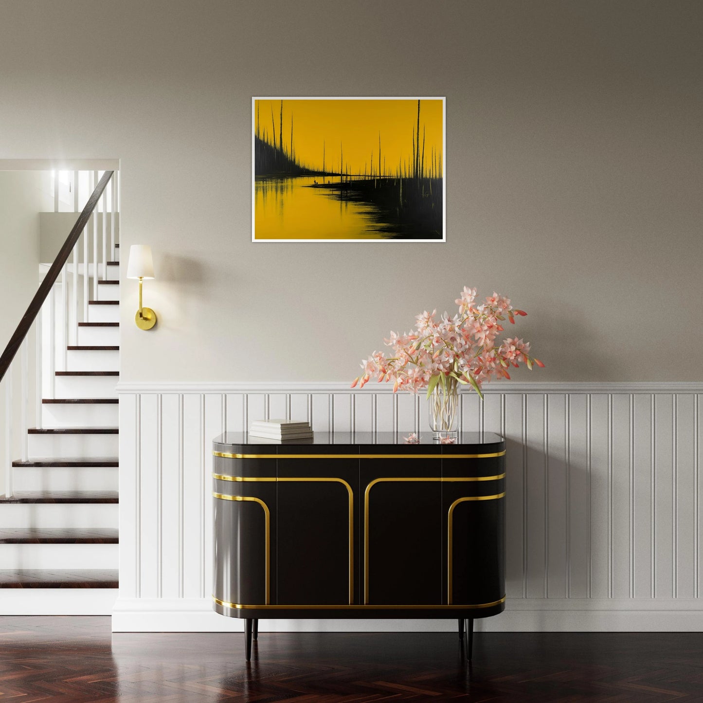 Tall black trees pierce a golden-yellow sky, reflected in still waters as tiny figures stand quietly in the surreal forest scene.