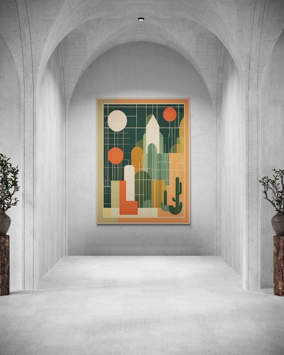 A large midcentury abstract art print featuring geometric shapes and warm tones is framed and displayed in an arched hallway with a modern aesthetic.