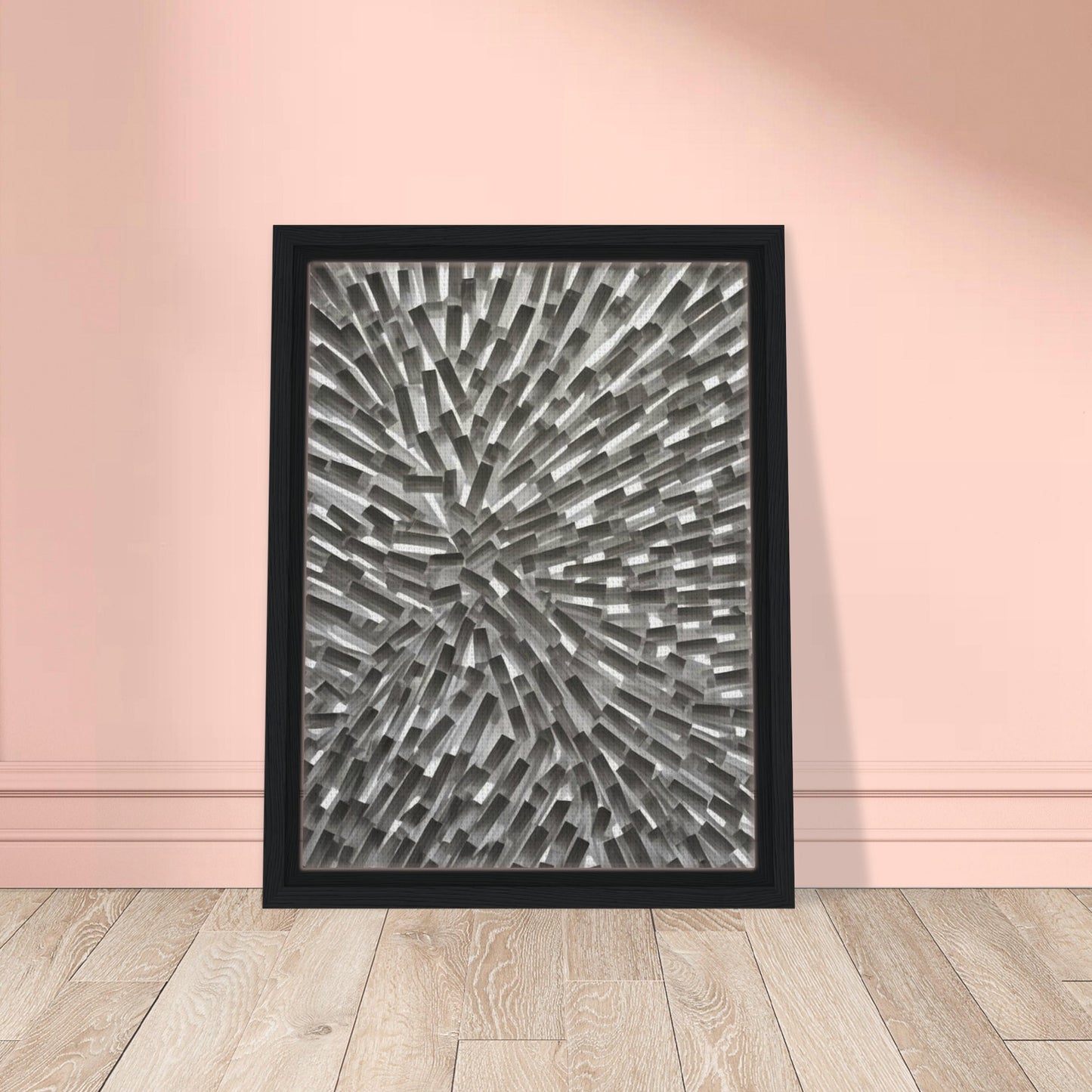 An abstract monochromatic artwork featuring a dynamic arrangement of geometric rectangular blocks radiating outward in a burst-like pattern.