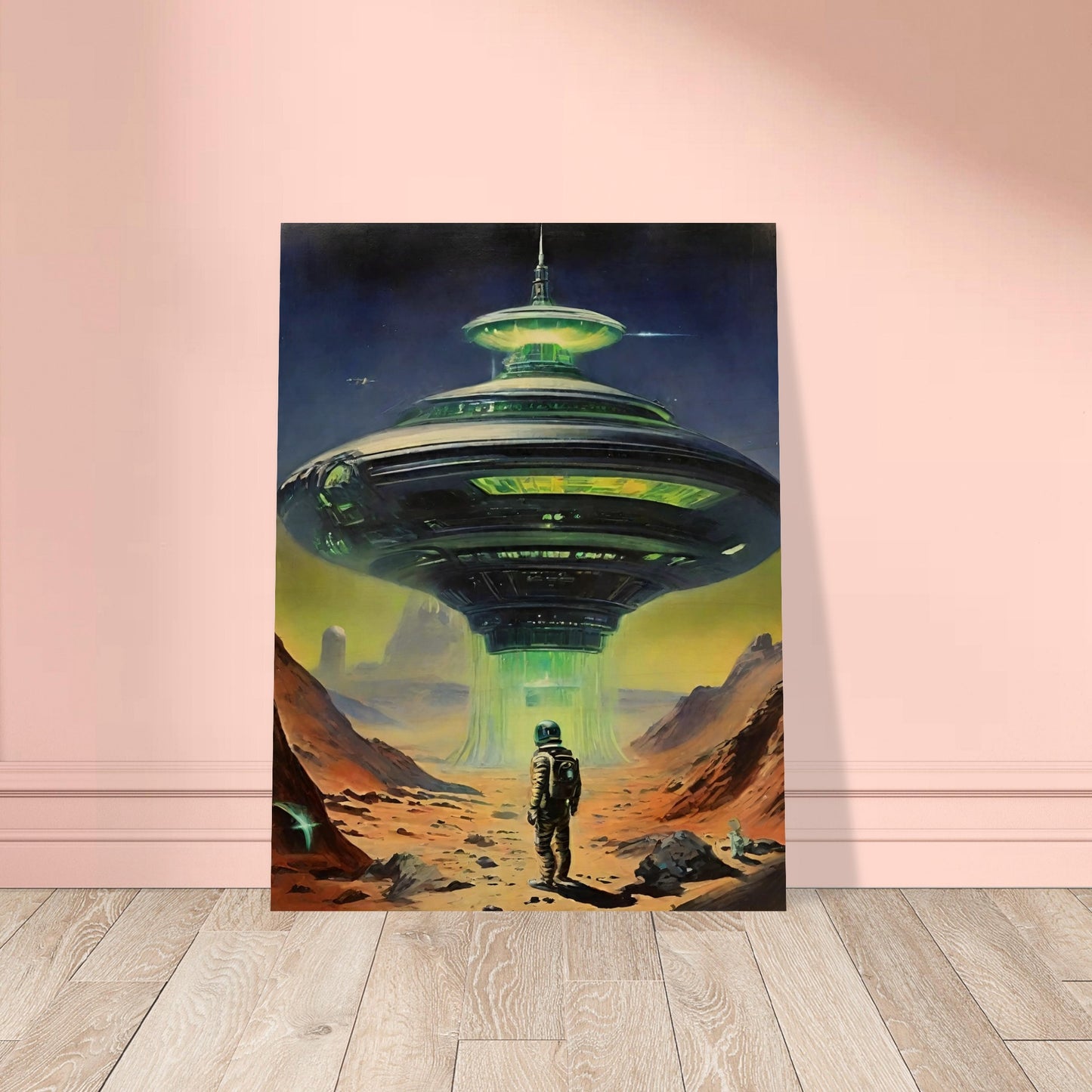 A sci-fi painting of an astronaut standing in front of a large, illuminated alien spacecraft on a barren landscape.
