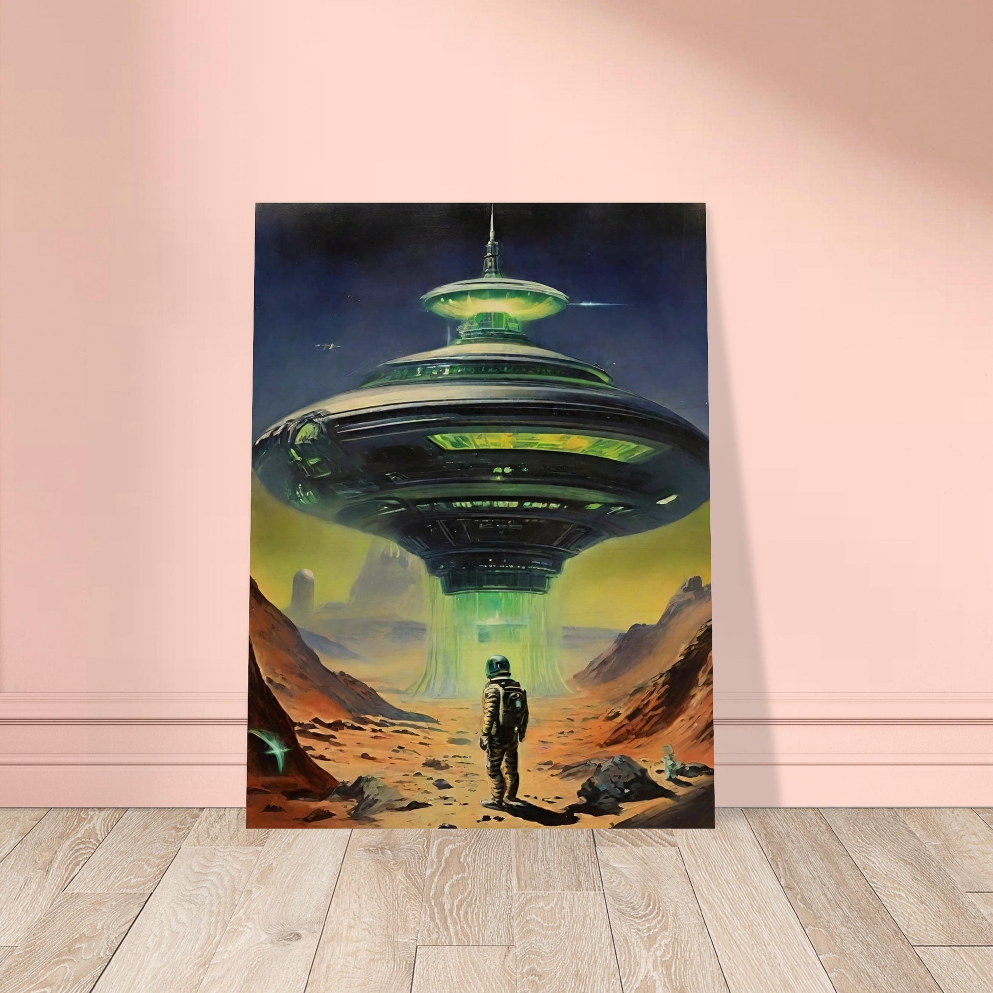 A sci-fi painting of an astronaut standing in front of a large, illuminated alien spacecraft on a barren landscape.