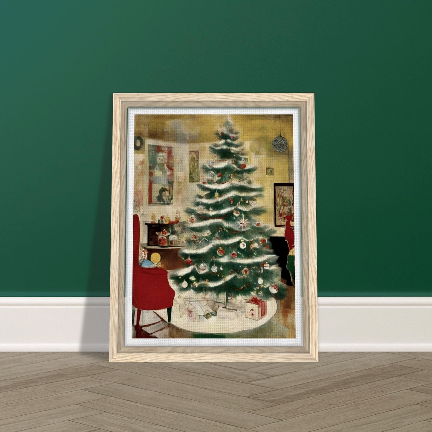 A cozy living room scene featuring a beautifully decorated Christmas tree adorned with ornaments and surrounded by presents, evoking the warmth of the holiday season.