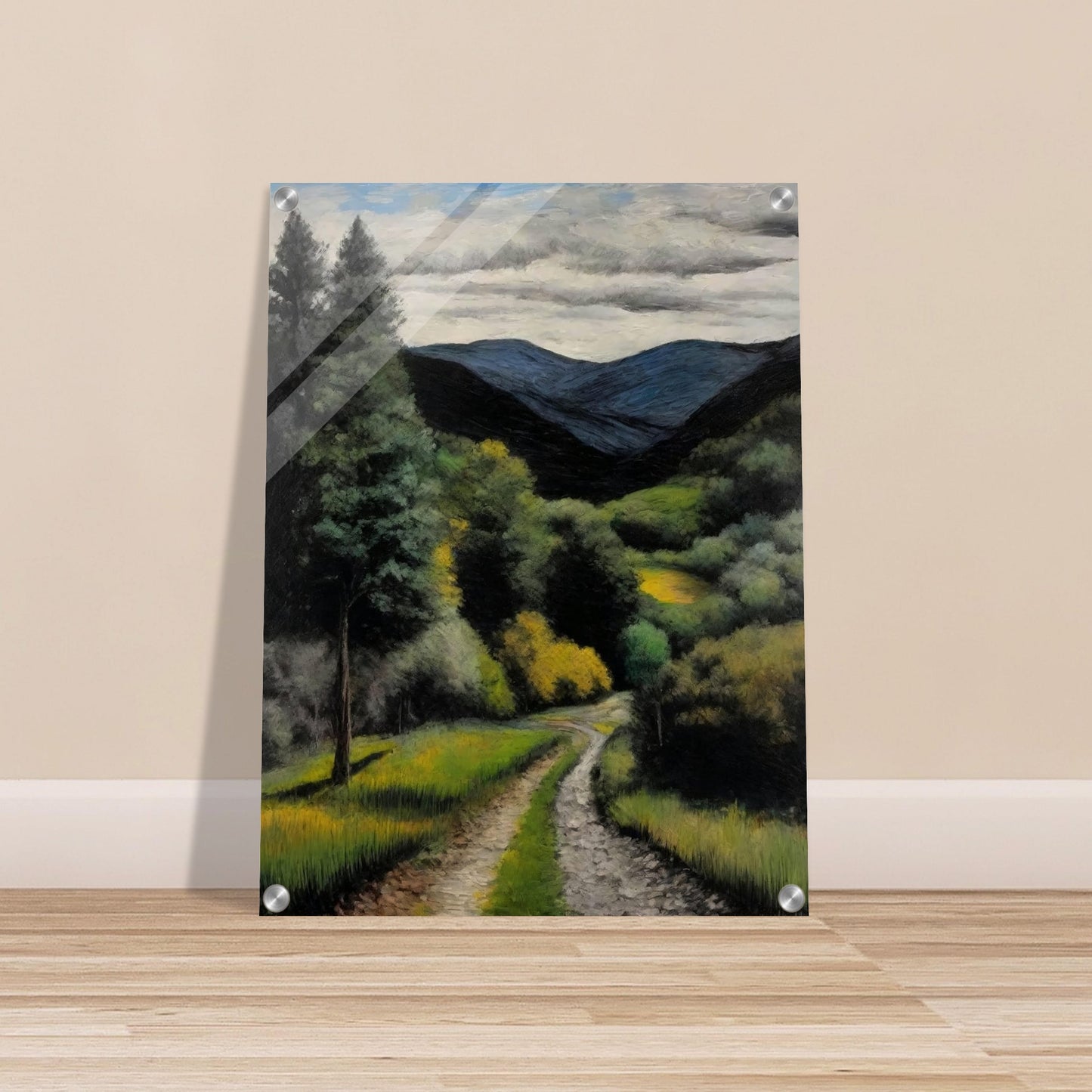 A picturesque landscape painting of a winding path leading through a verdant forest, with tall trees and lush green foliage. In the background, blue mountains rise under a partly cloudy sky, creating a serene and inviting scene.