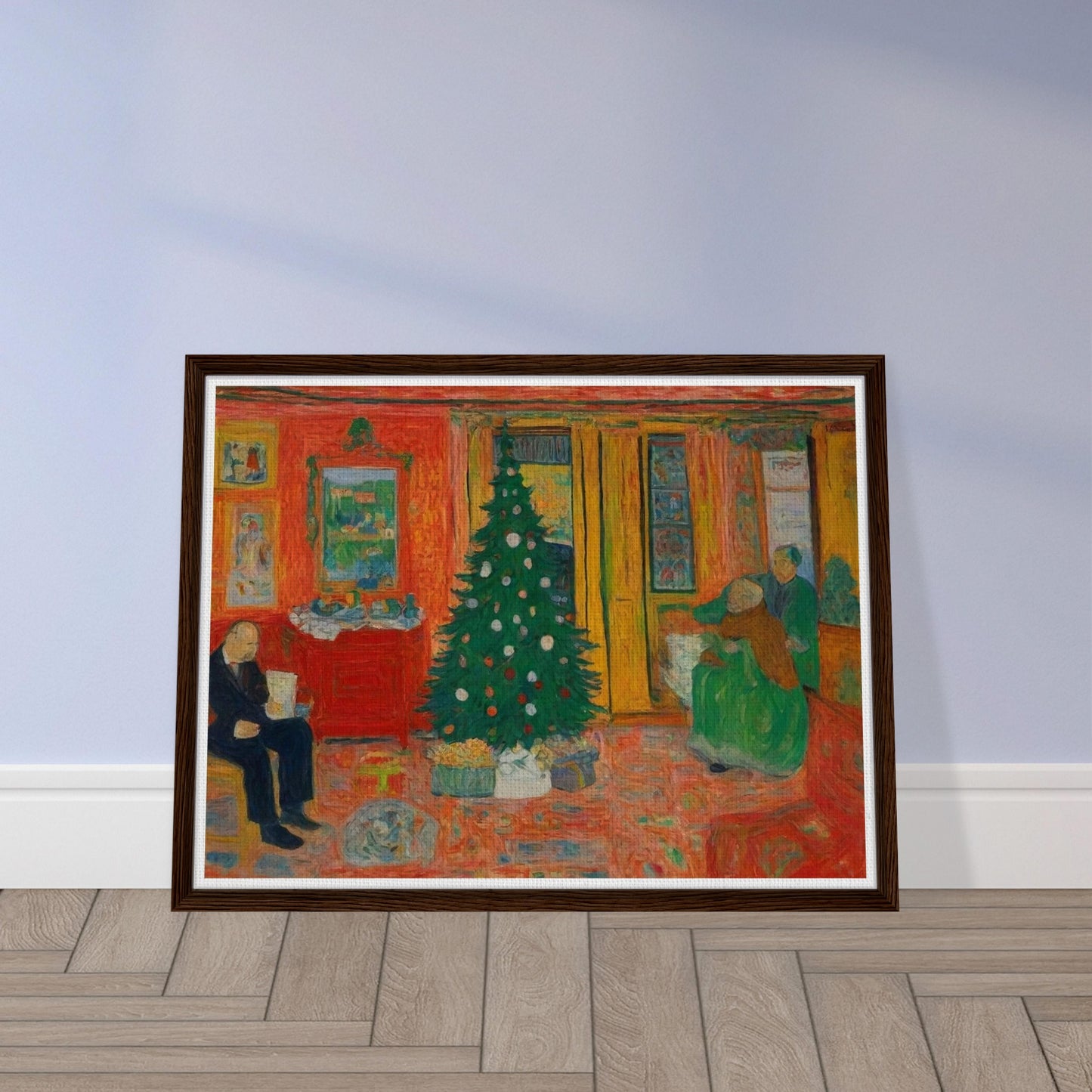 A colorful, cozy living room featuring a decorated Christmas tree, with family members preparing for the holiday in a warm and inviting atmosphere.