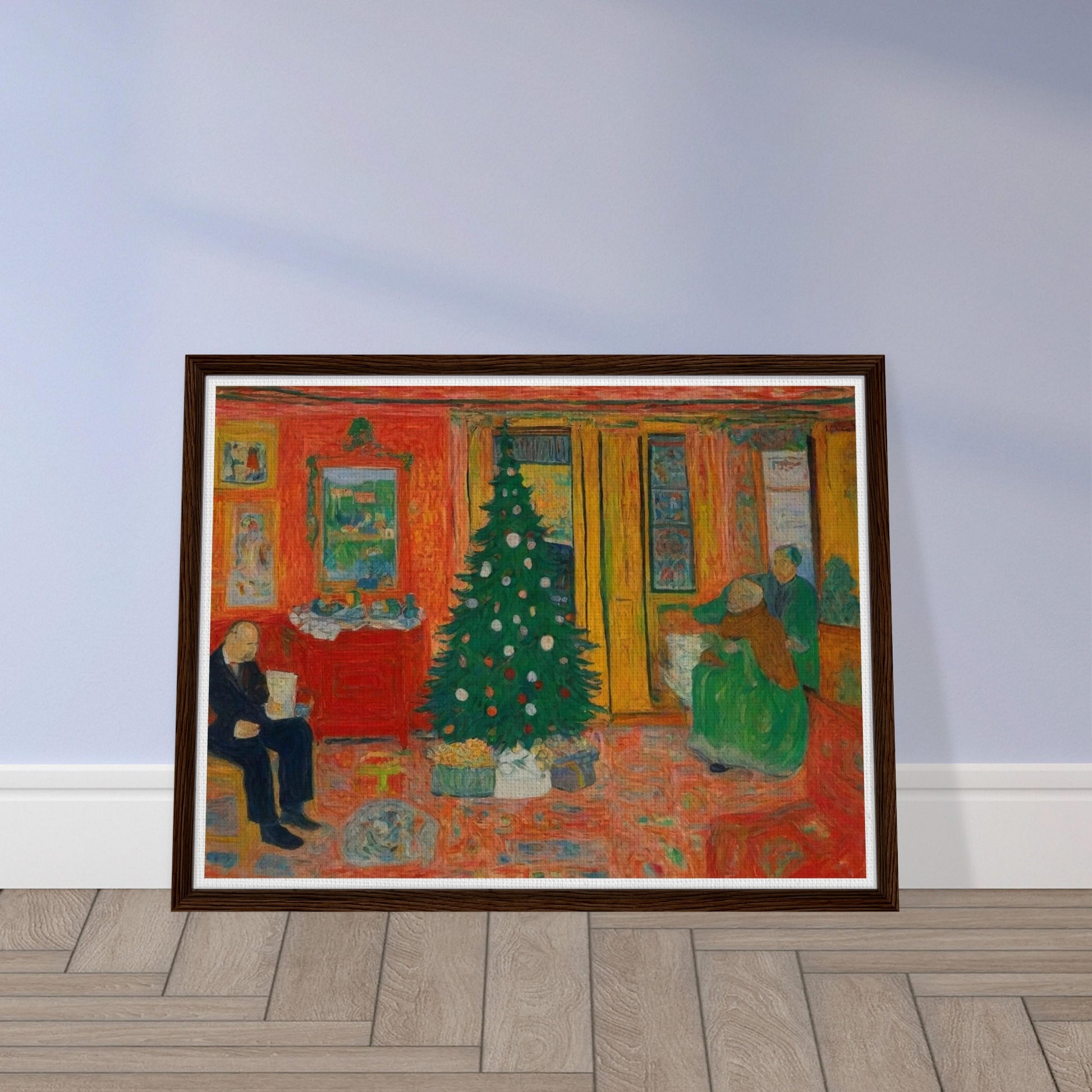 A colorful, cozy living room featuring a decorated Christmas tree, with family members preparing for the holiday in a warm and inviting atmosphere.