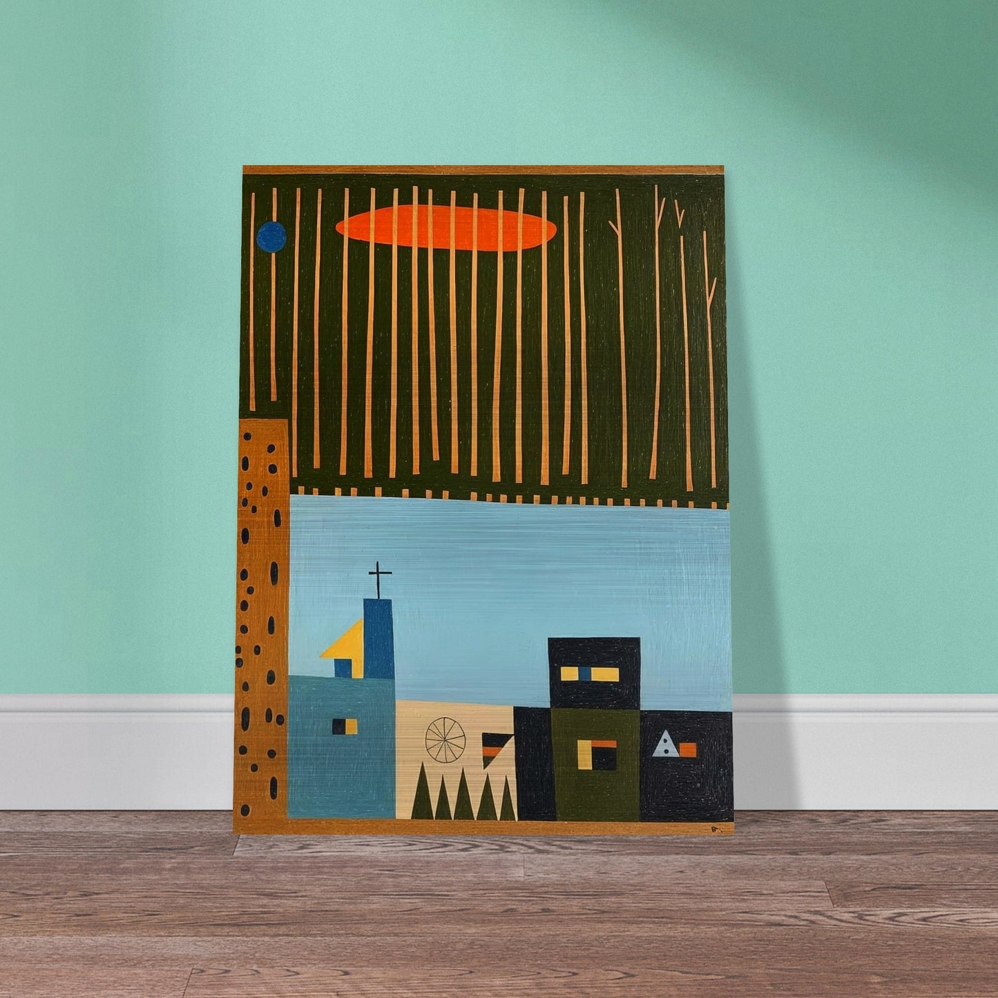 A minimalist portrayal of a small village beneath tall, thin trees and an orange cloud, capturing a tranquil, serene atmosphere.