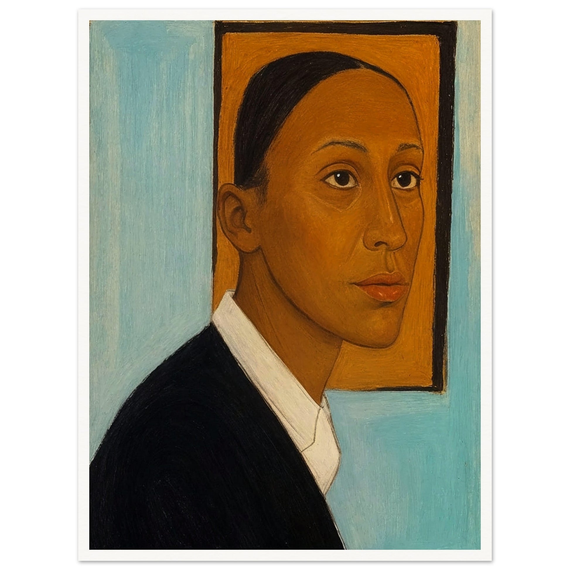 Stylized painting of a person in profile wearing a black jacket and white shirt against a light blue background with an orange frame behind the head.