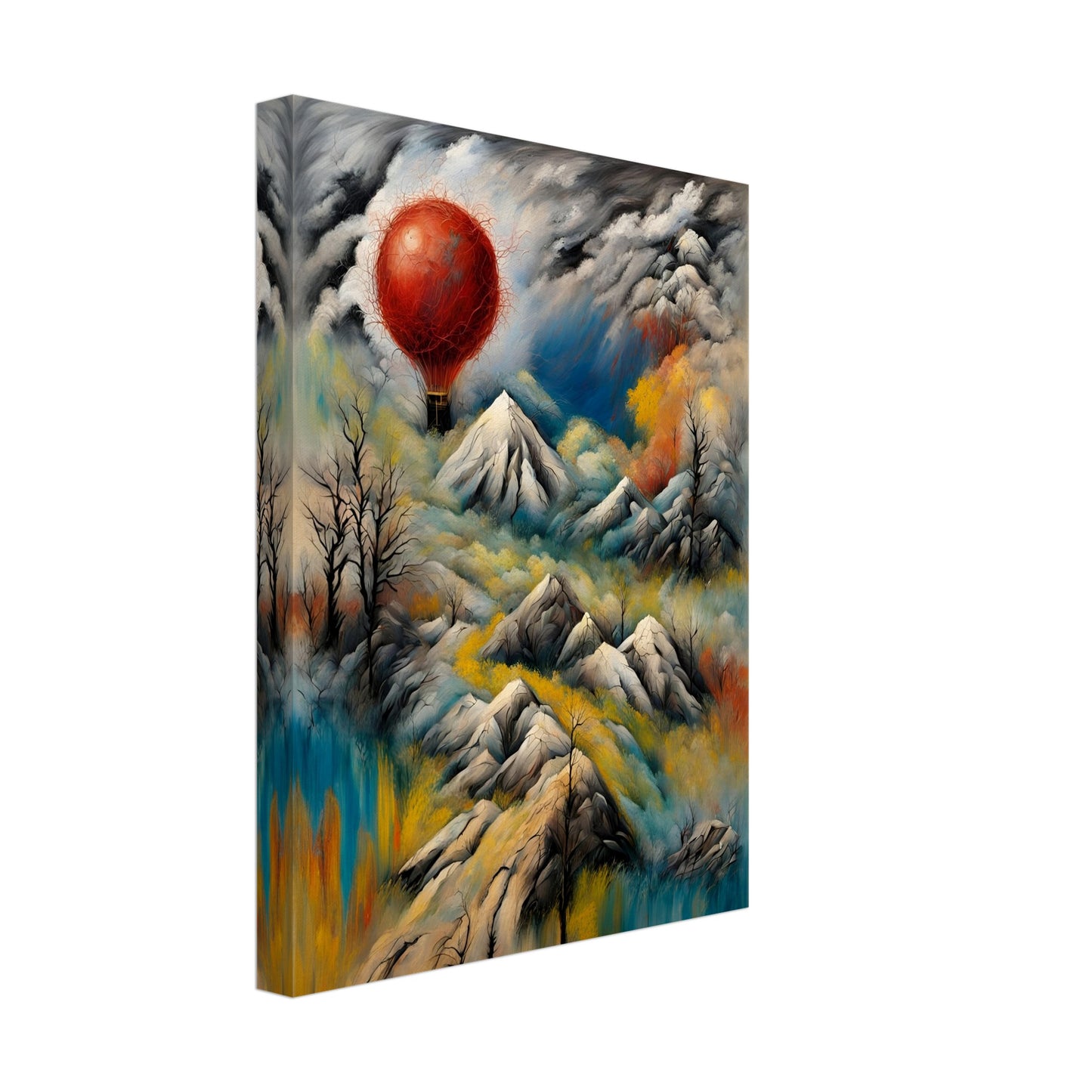 A surreal landscape featuring snow-capped mountains, swirling clouds, and a glowing red hot air balloon floating amidst dramatic skies.