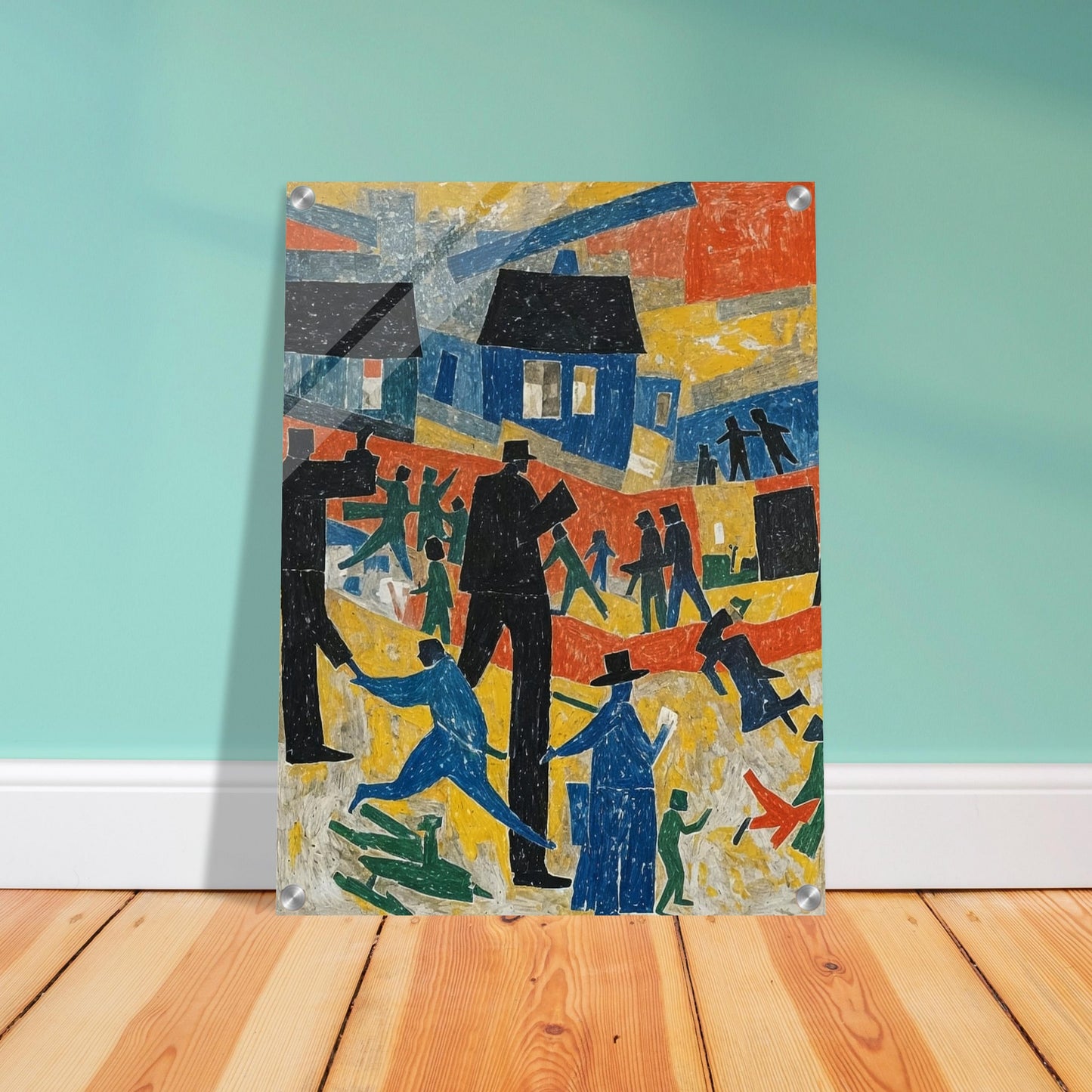 An abstract painting depicting a lively village scene with colorful houses and stylized figures in motion.
