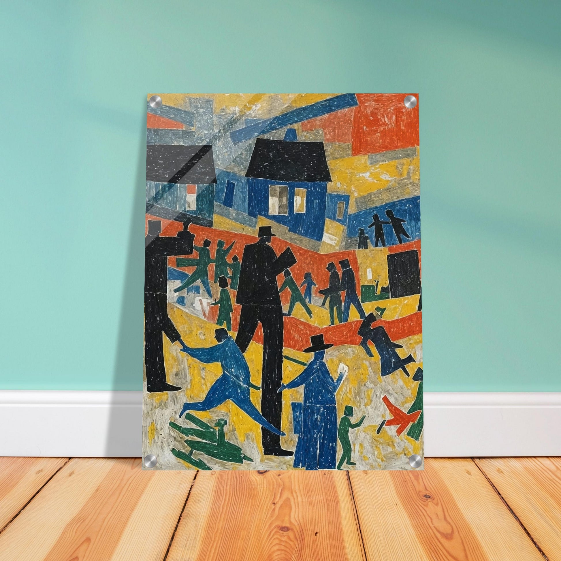 An abstract painting depicting a lively village scene with colorful houses and stylized figures in motion.