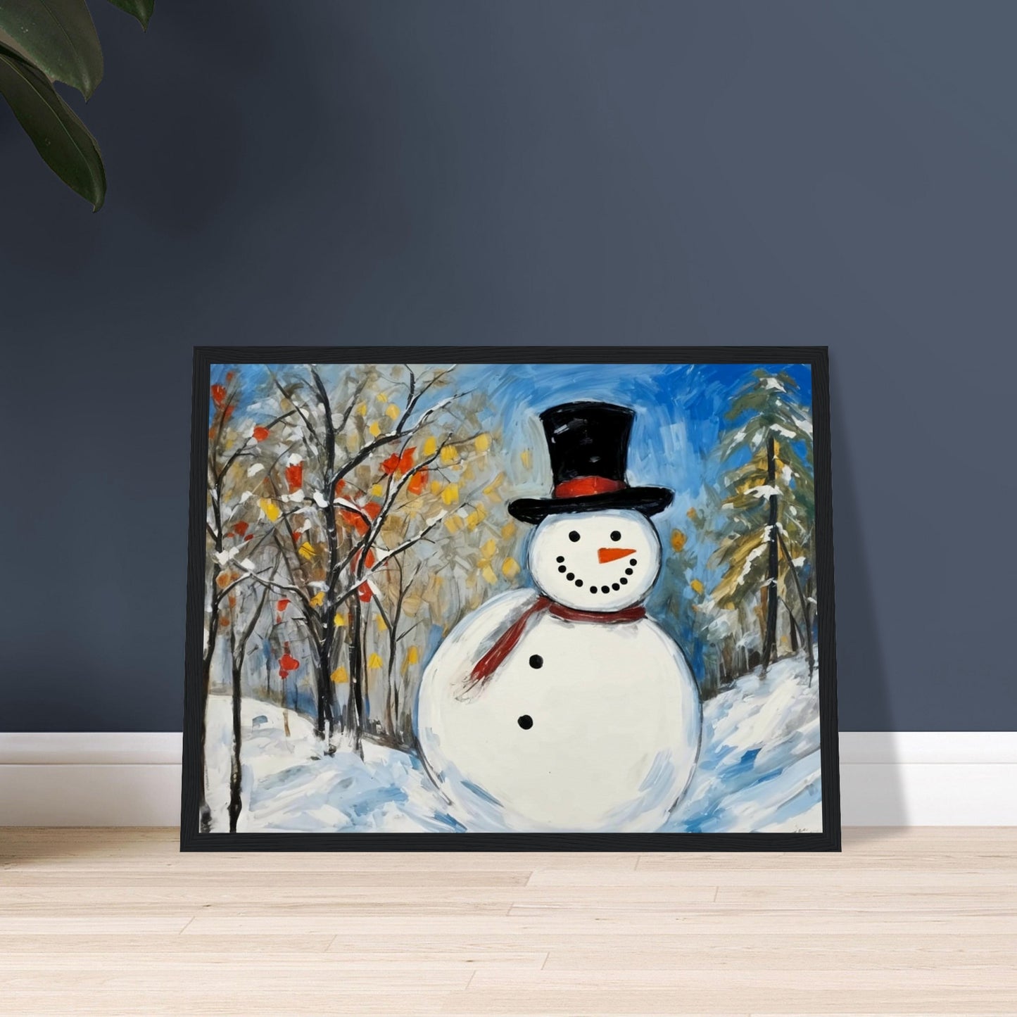 A cheerful snowman with a black top hat and red scarf stands in a snow-covered landscape, surrounded by snow-dusted trees with autumn leaves and a clear blue sky.