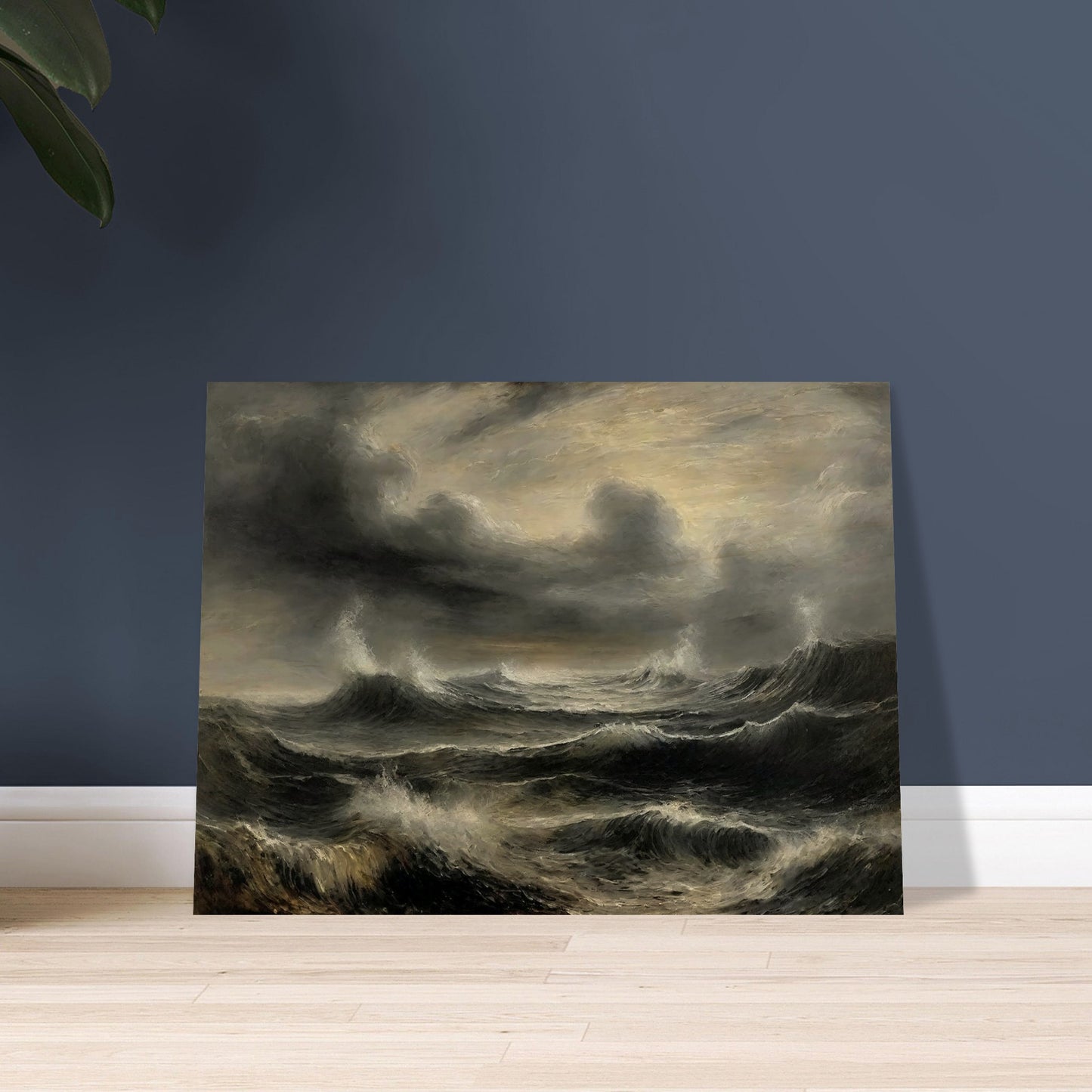 A dramatic painting of a stormy sea with dark, turbulent waves and ominous clouds. The swirling, textured brushstrokes capture the intensity and power of the ocean during a tempest.