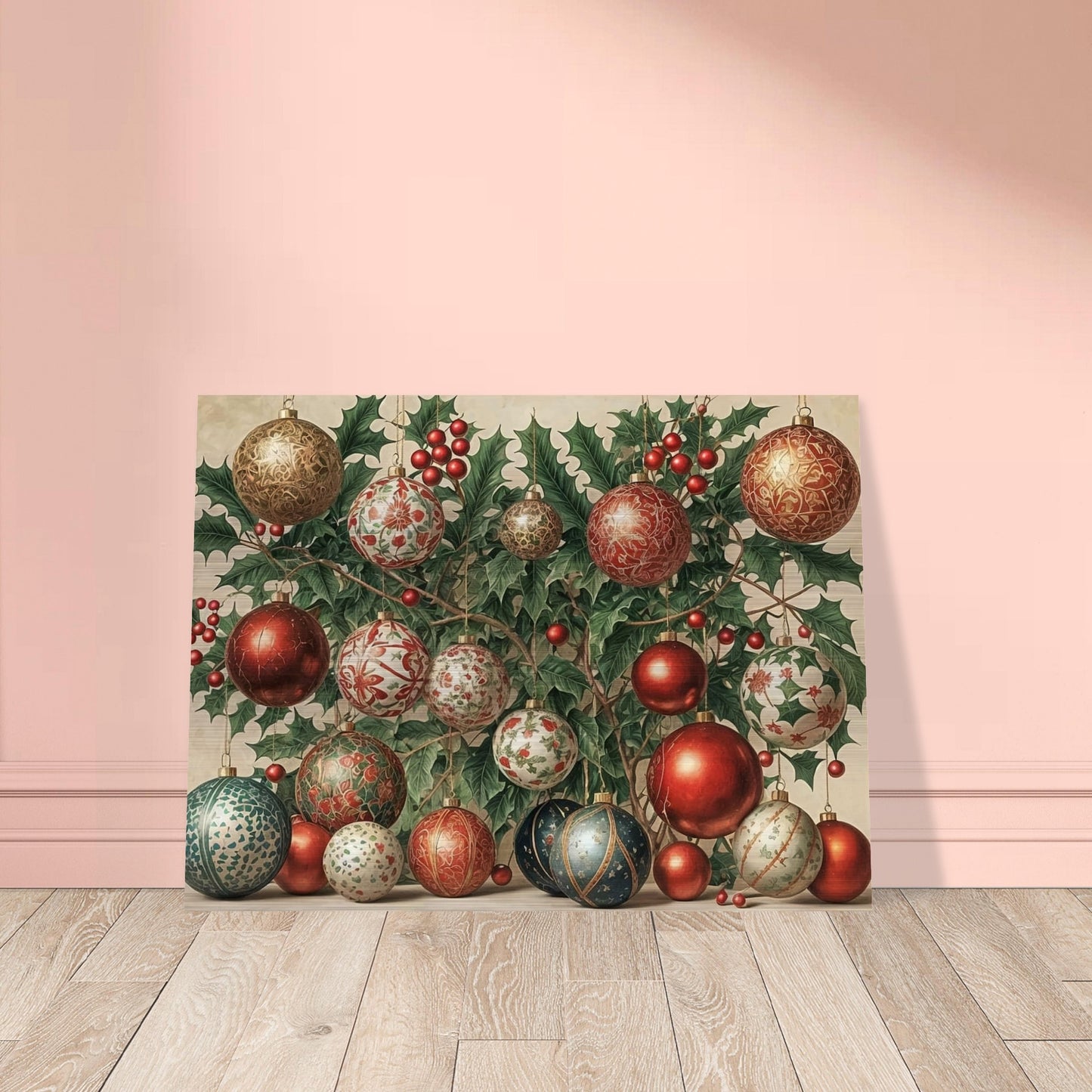 A collection of intricately designed Christmas ornaments in red, gold, and green, hanging from holly branches adorned with berries, creating a festive holiday scene.