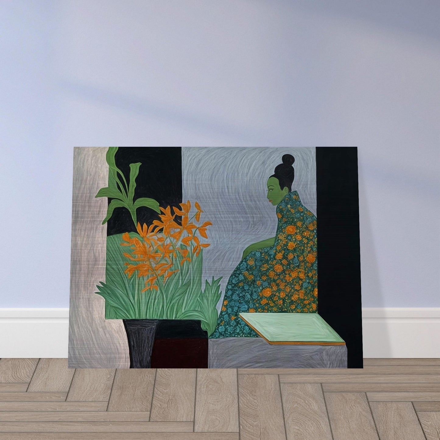 A painting of a woman with a green face in a floral dress, sitting in contemplation next to vibrant orange flowers.