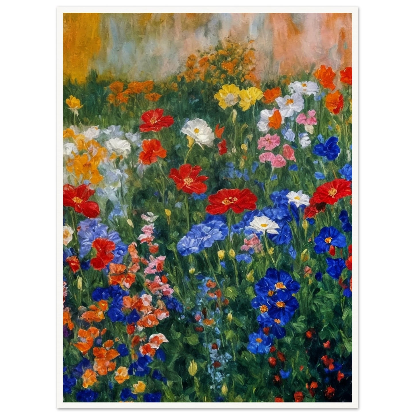 Colorful painting of a blooming garden filled with various flowers in red, blue, and yellow hues against a soft, textured background