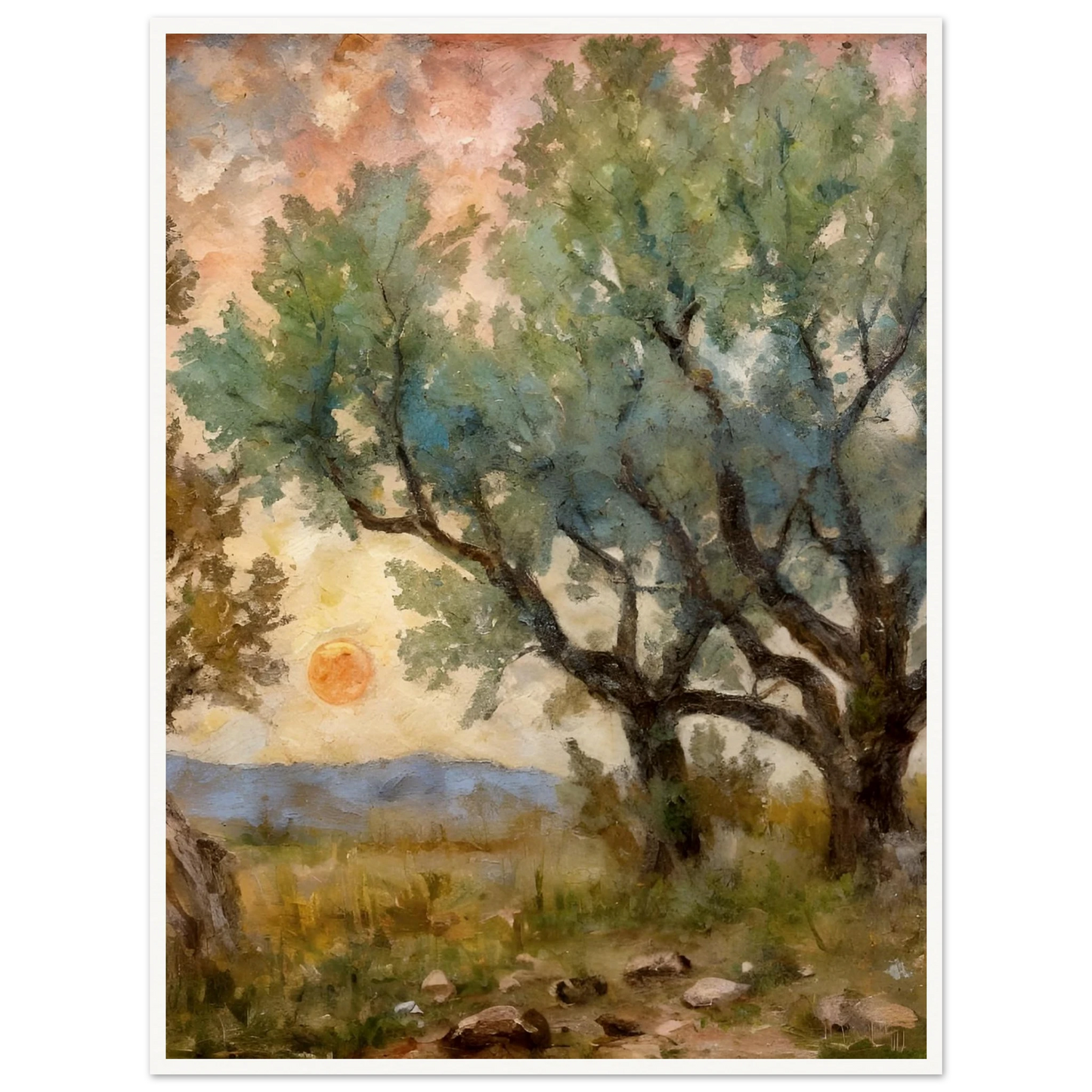 Sunset filters through tall, leafy trees, casting golden light over a rocky path and open field in this painterly forest scene.
