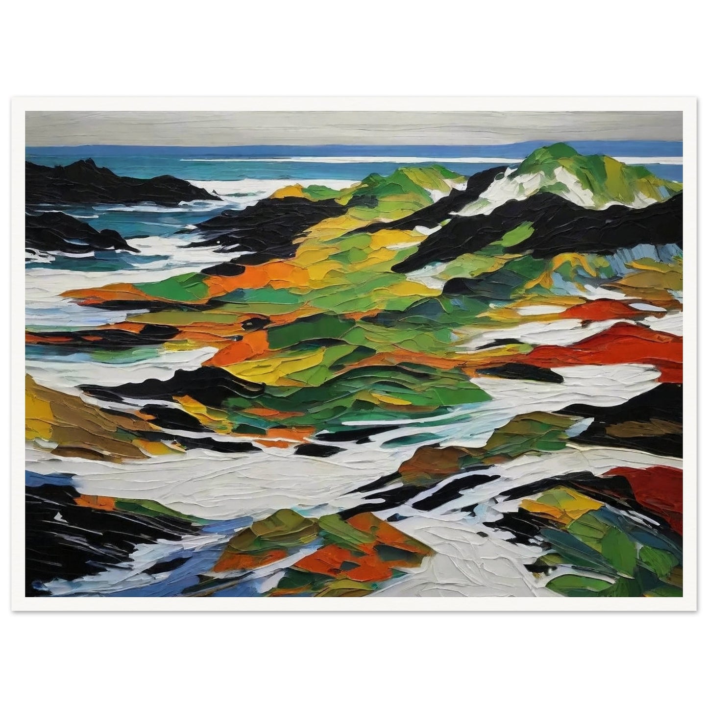 An abstract painting depicting a vibrant coastal landscape. The scene features bold, textured strokes in greens, oranges, yellows, and blacks representing rocky outcrops and vegetation, contrasted with white and blue areas symbolizing the sea and sky.