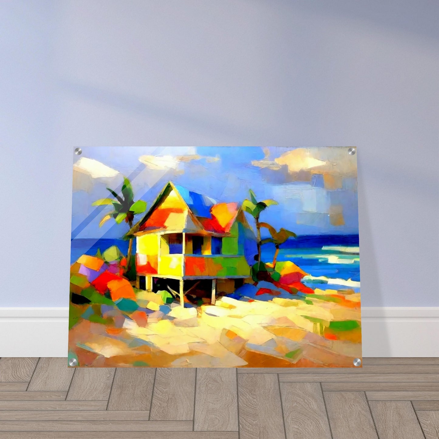 A colorful and lively painting of a beach house with bright blocks of color, set against a backdrop of palm trees and the ocean on a sunny day.