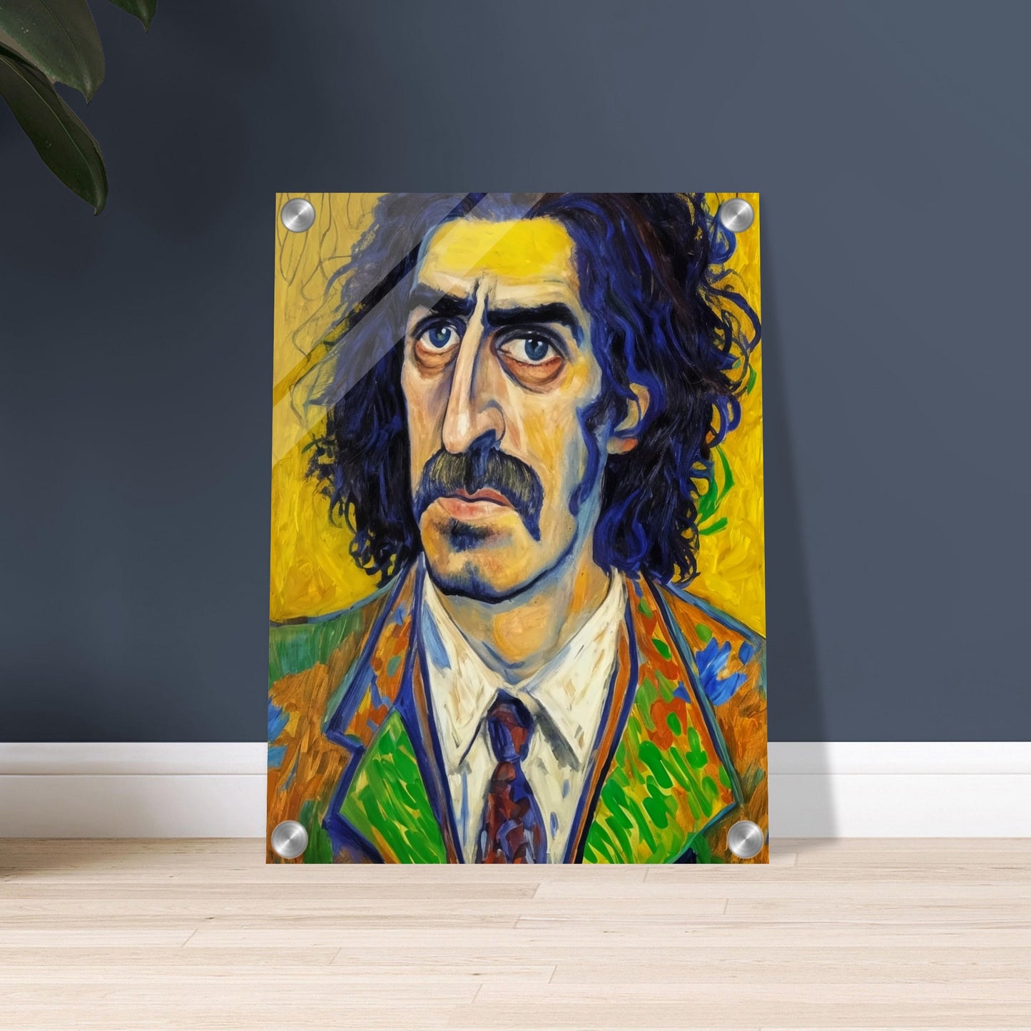 A vibrant portrait of a man with deep-set eyes and thick mustache, framed by wild dark hair. His colorful, patterned suit contrasts with a vivid yellow background.