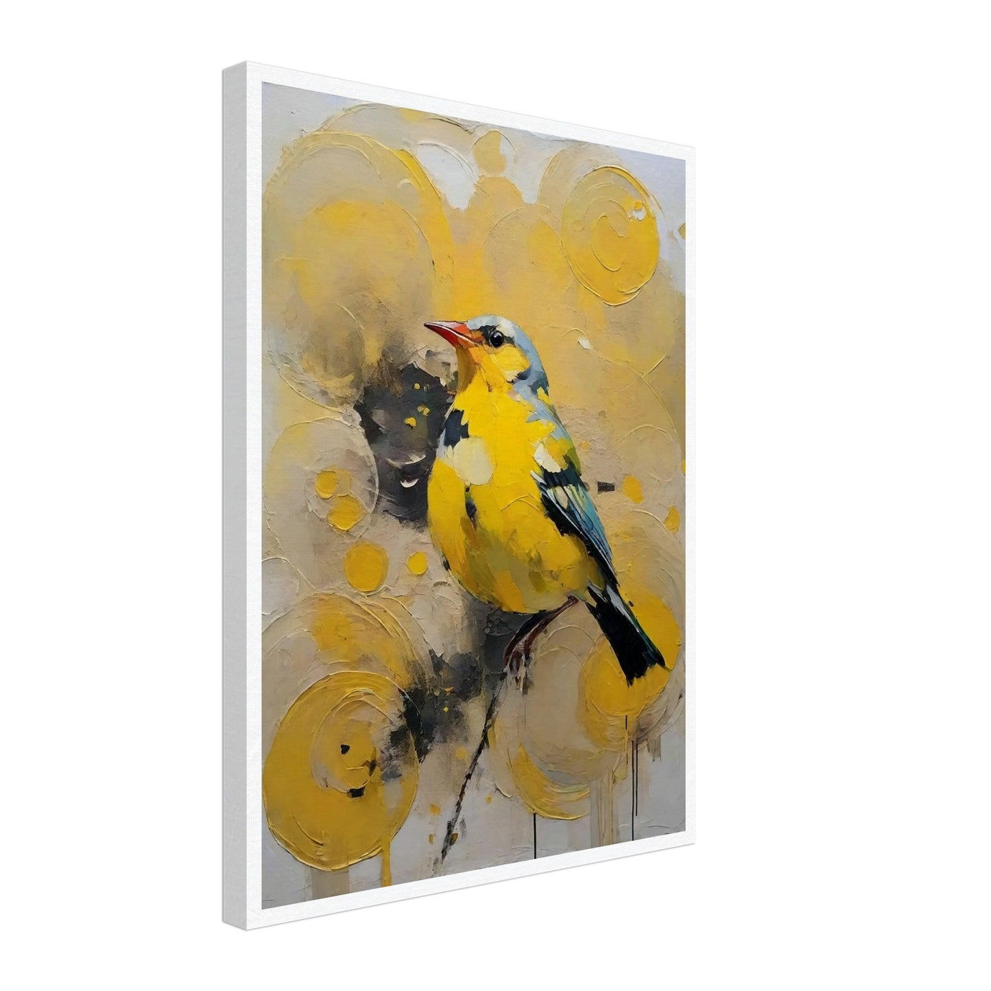 A vibrant painting of a yellow bird with blue accents, perched against a backdrop of swirling yellow patterns.