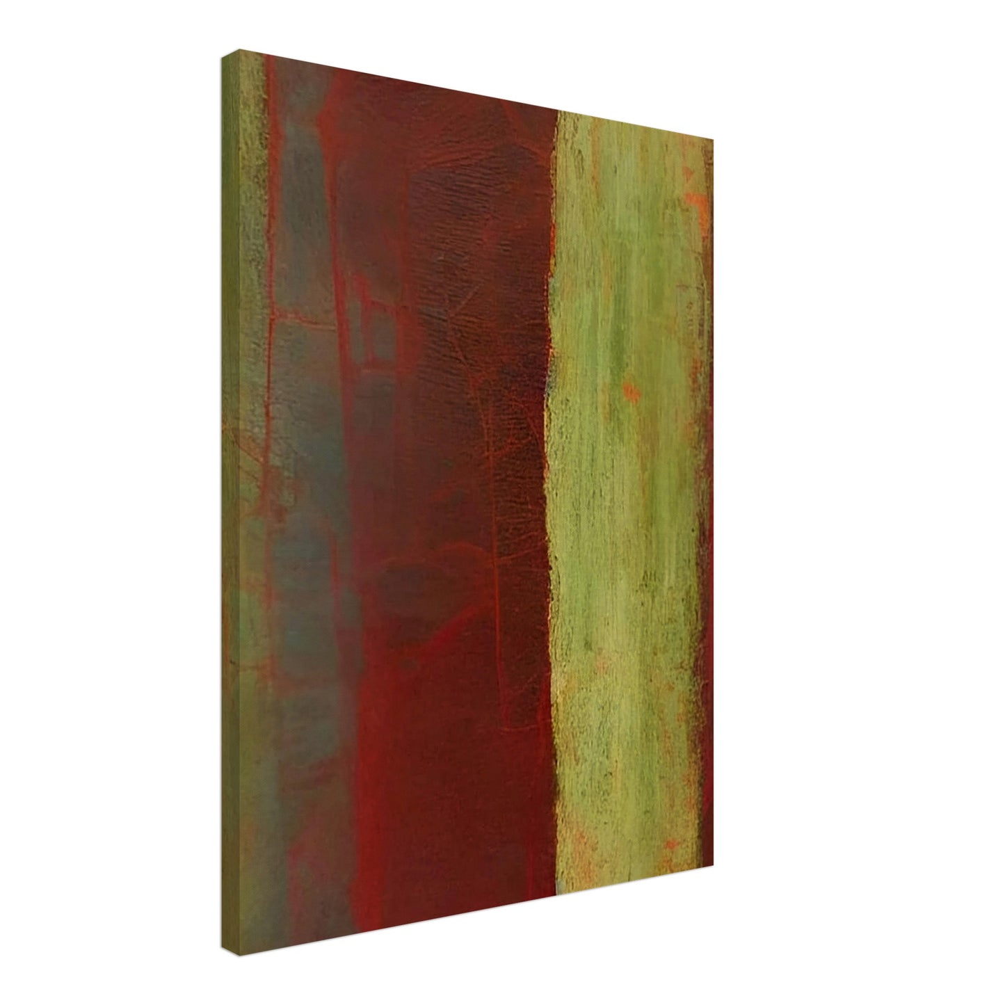 An abstract composition featuring deep red and earthy green vertical stripes with soft textures and layered shades, evoking a sense of natural decay and organic forms.