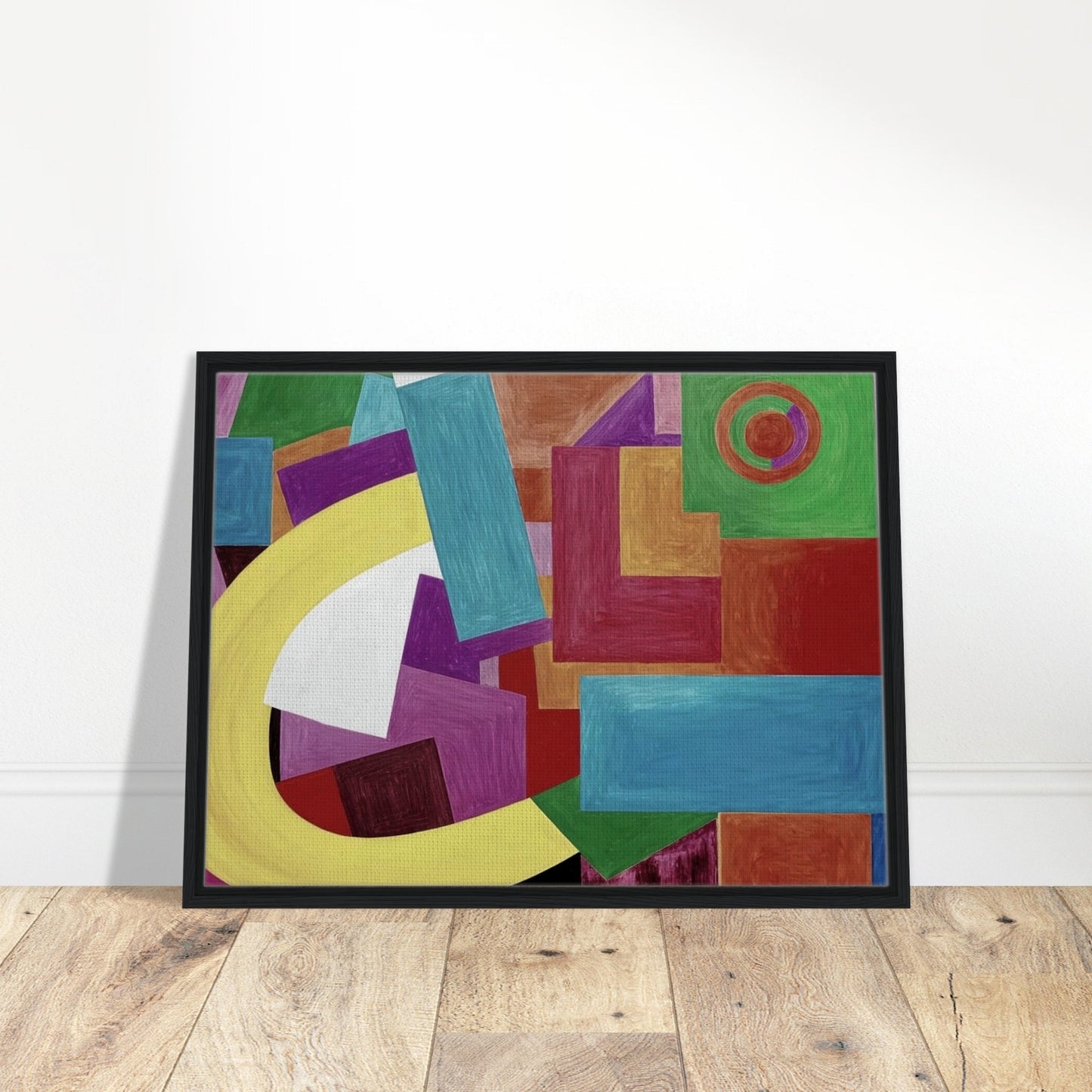 Dynamic composition of colorful geometric shapes, featuring rectangles, squares, and arcs in bold hues of yellow, blue, green, and red.