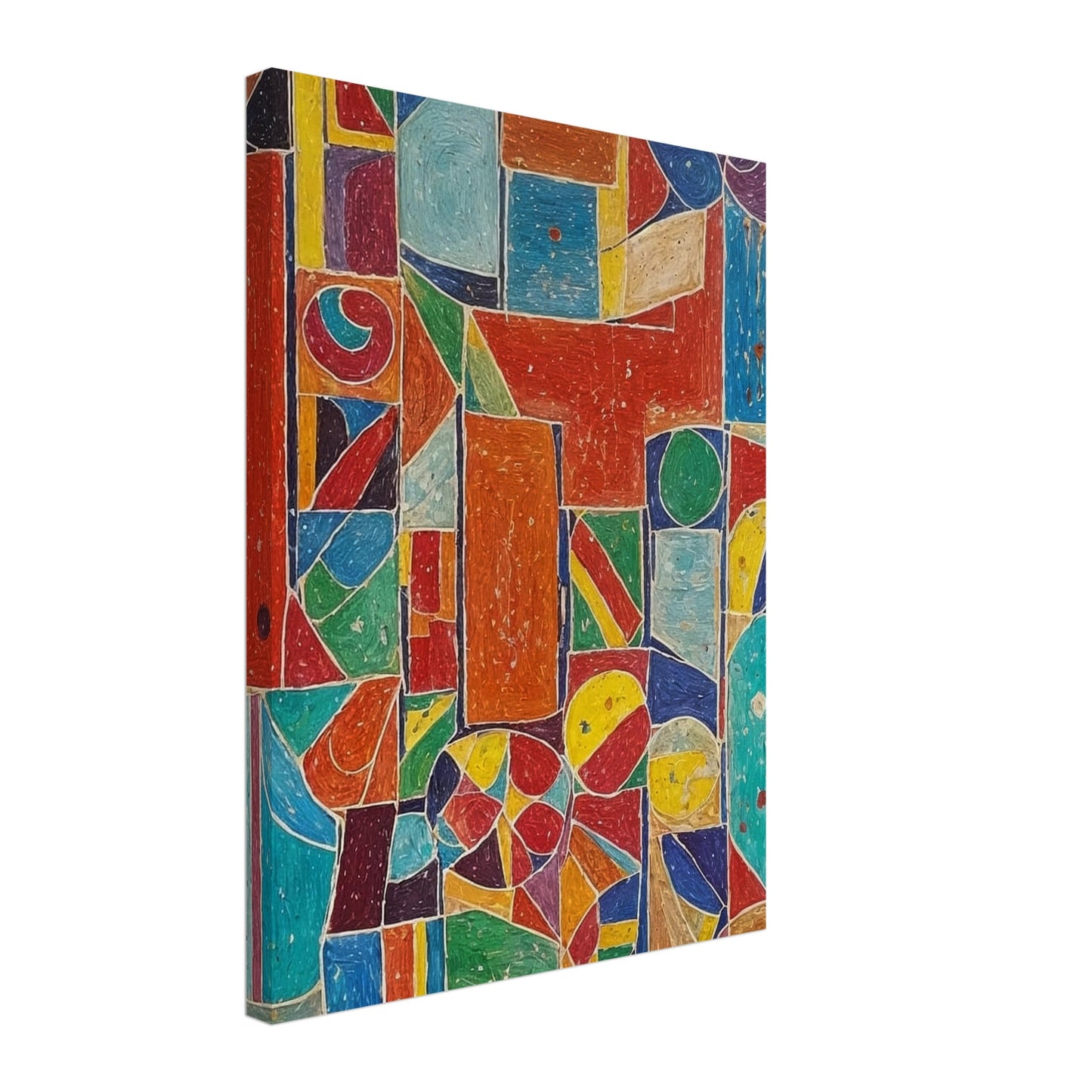 A vibrant abstract painting filled with geometric shapes and bold colors, creating a dynamic and lively composition.